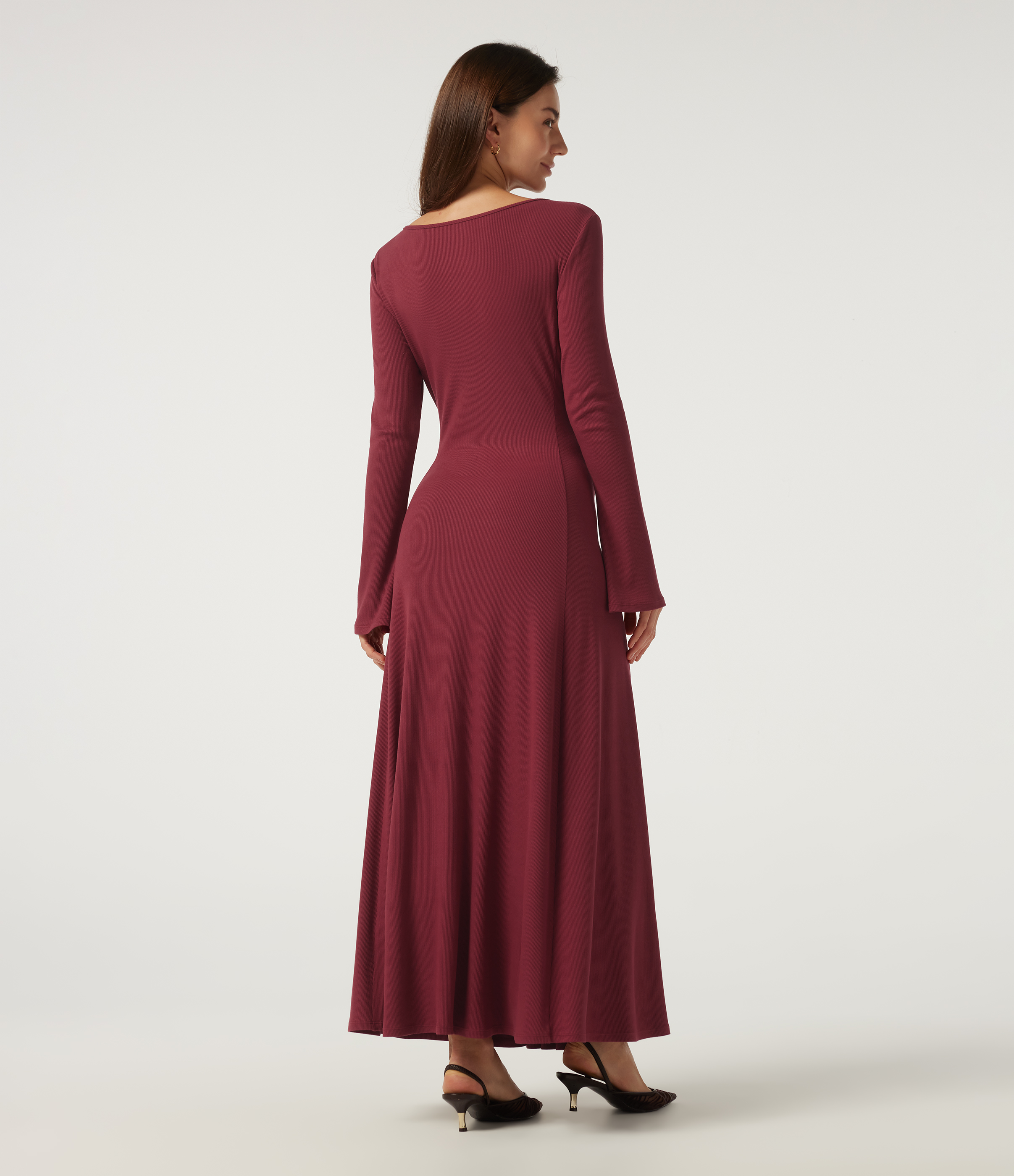 Ruby Wine Ribbed Knit V Neck Flounce Long Sleeve A-Line Casual Maxi Dress / 2