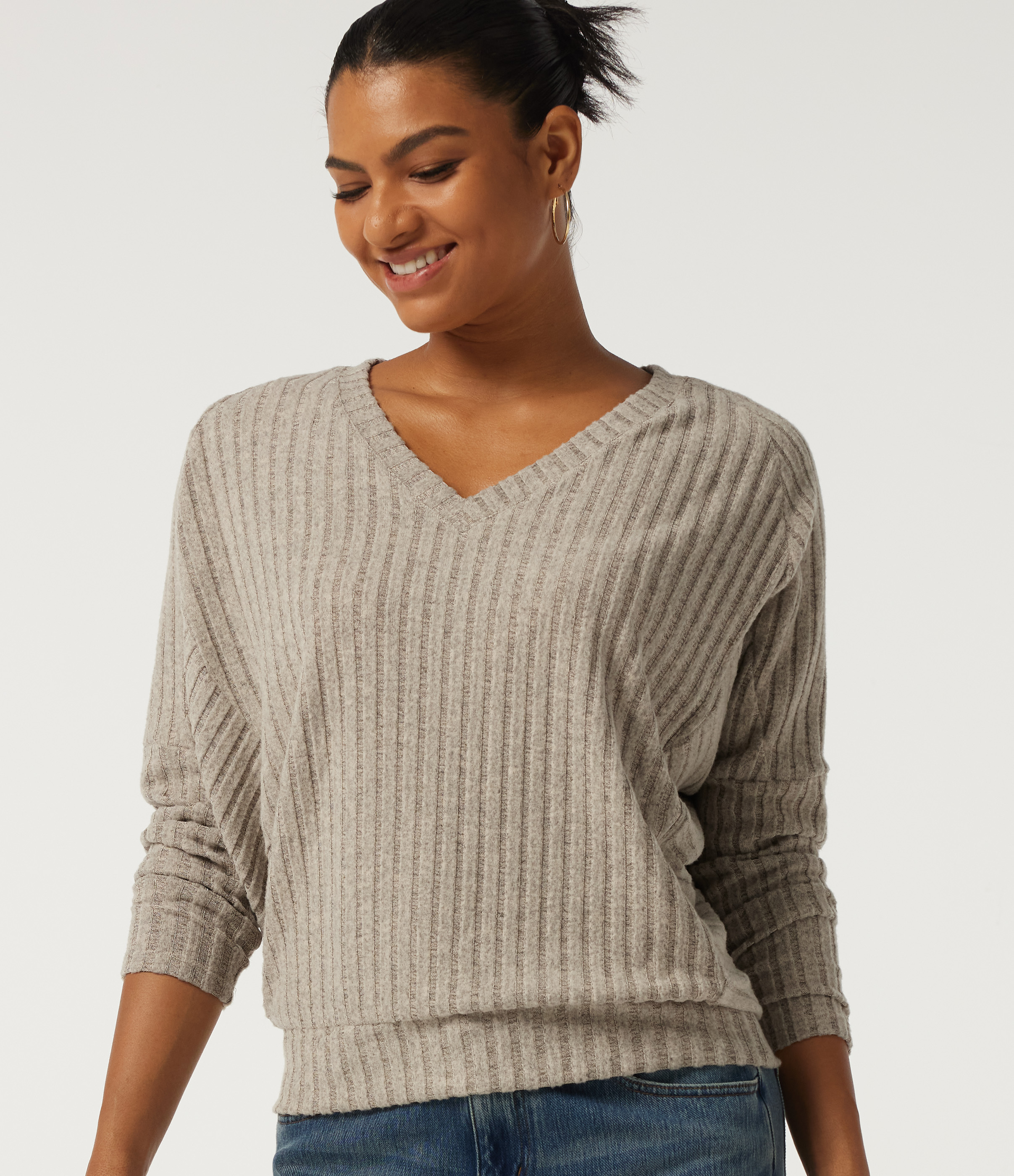 Ribbed Knit V Neck Long Sleeve Casual Top