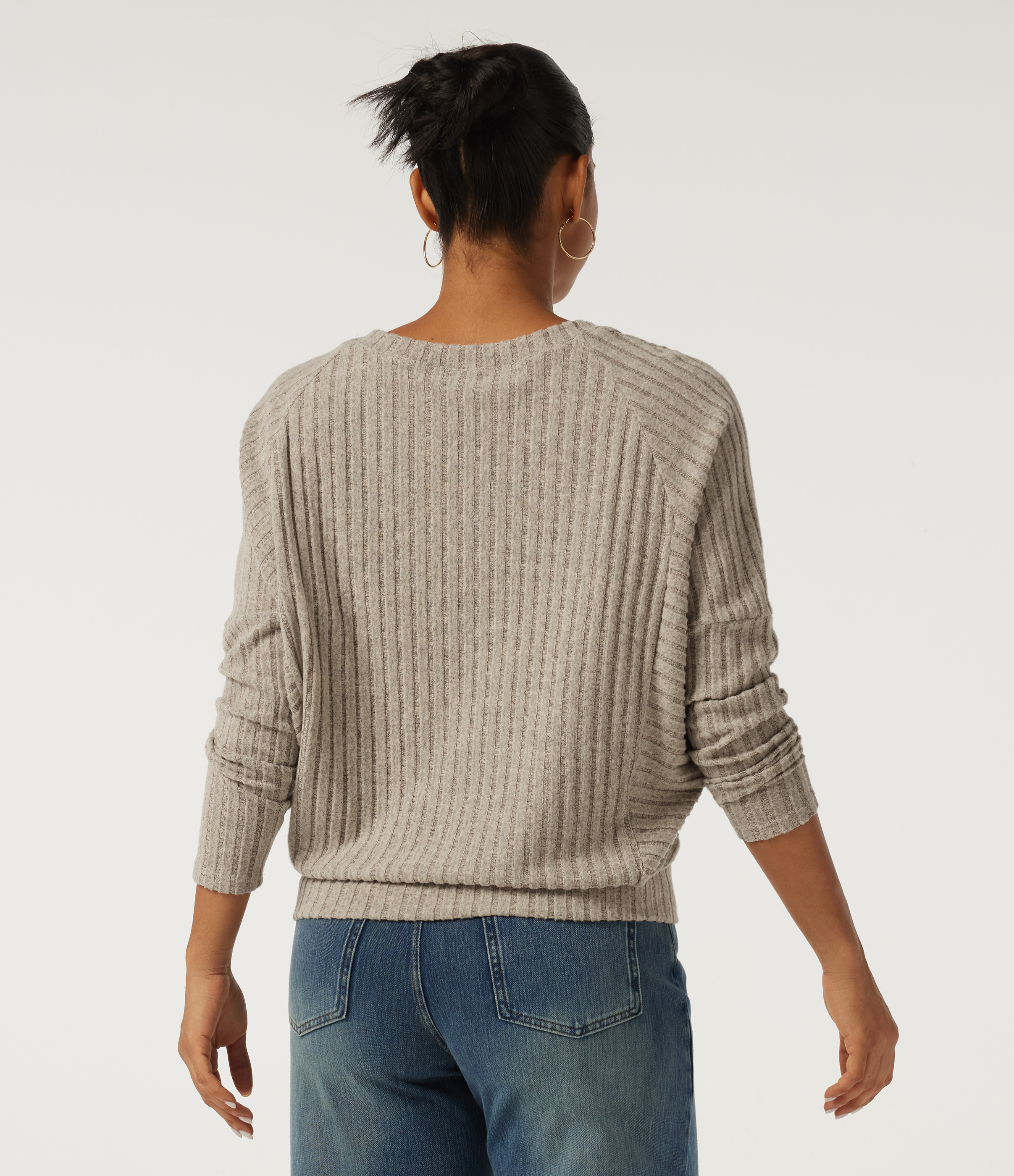 Ridge Sand Khaki Ribbed Knit V Neck Long Sleeve Casual Top / 2
