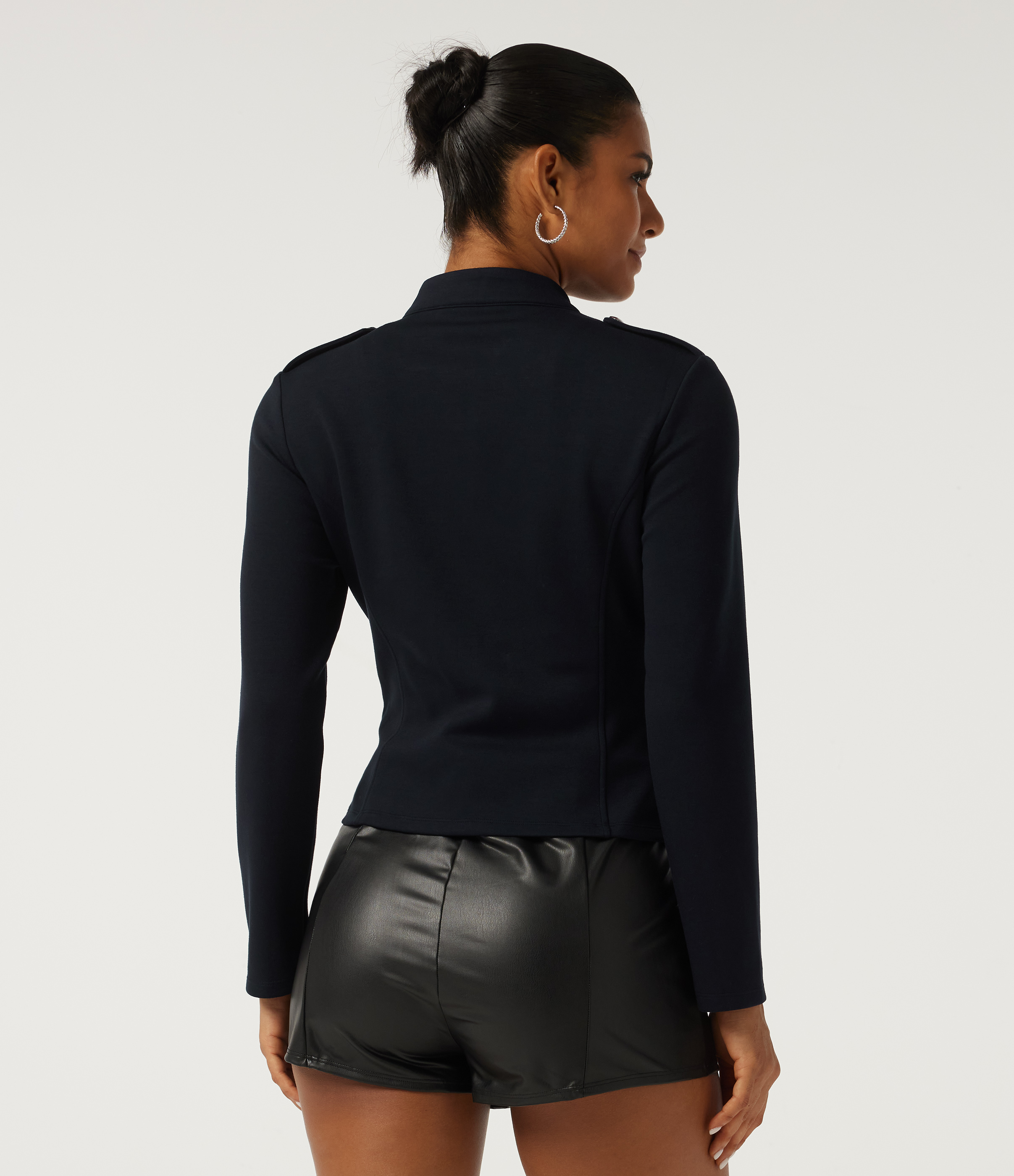 Deep Midnight Blue Mock Neck Long Sleeve Open Front Work Jacket / 2