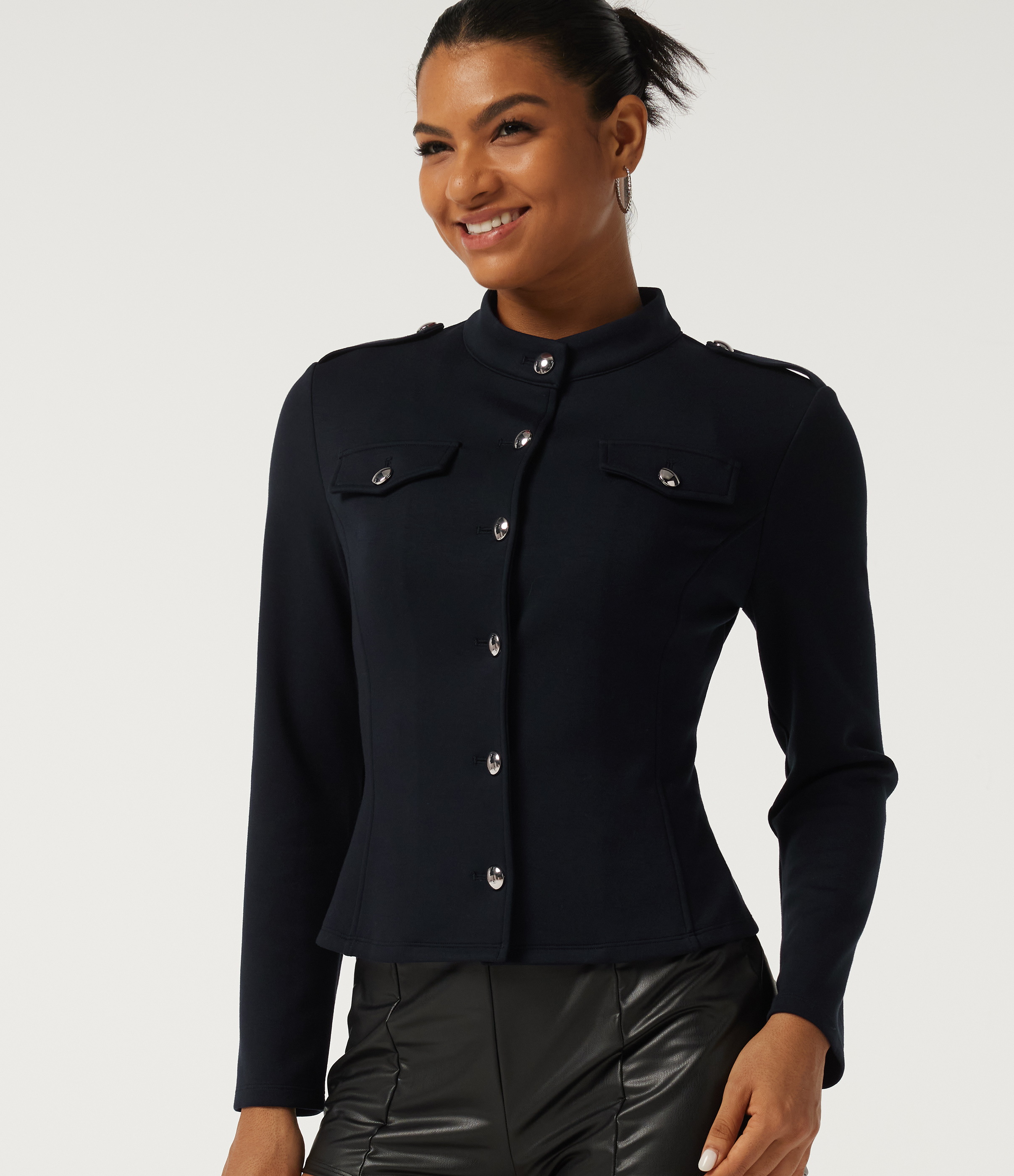 Mock Neck Long Sleeve Open Front Work Jacket