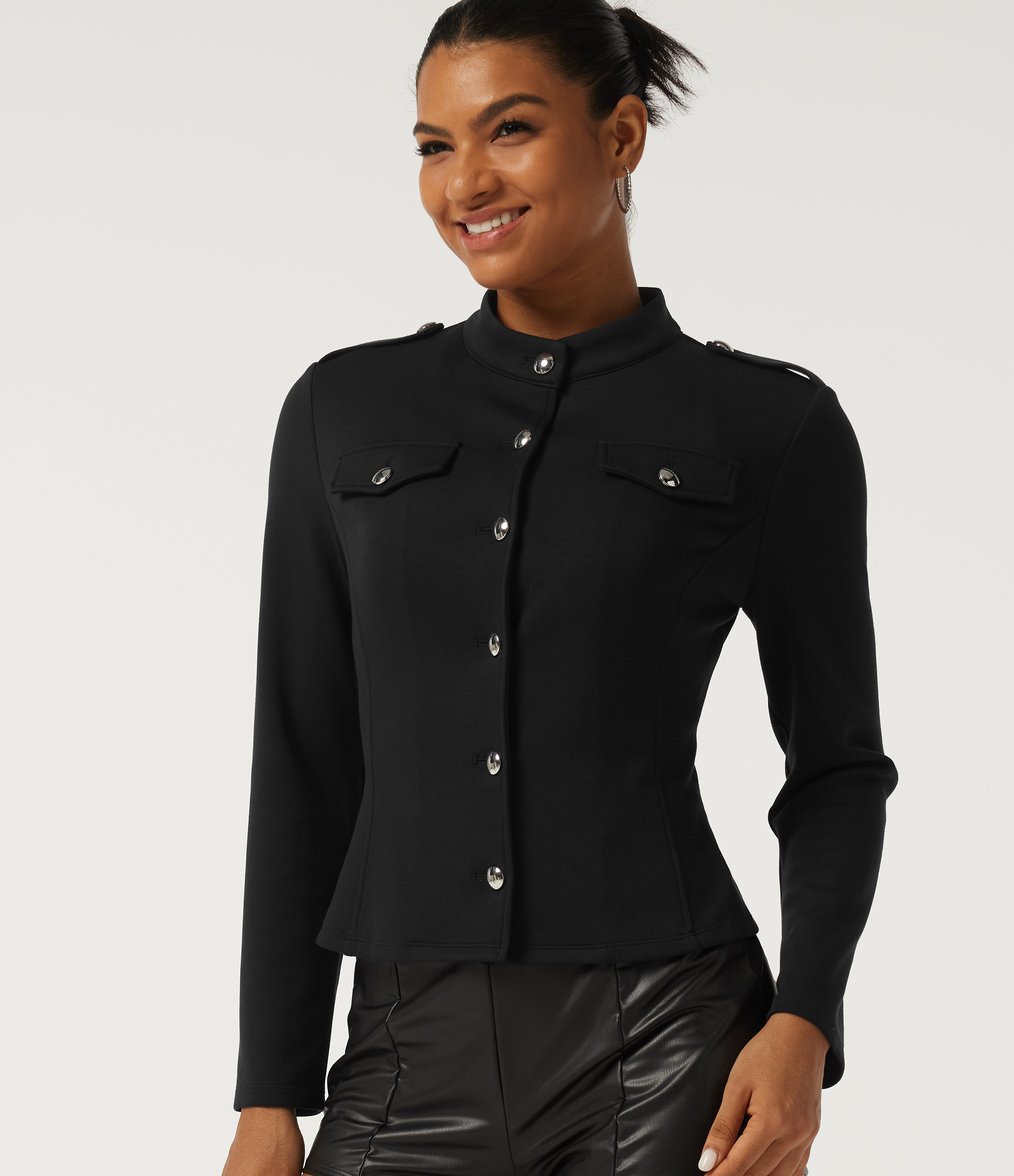 Mock Neck Long Sleeve Open Front Work Jacket