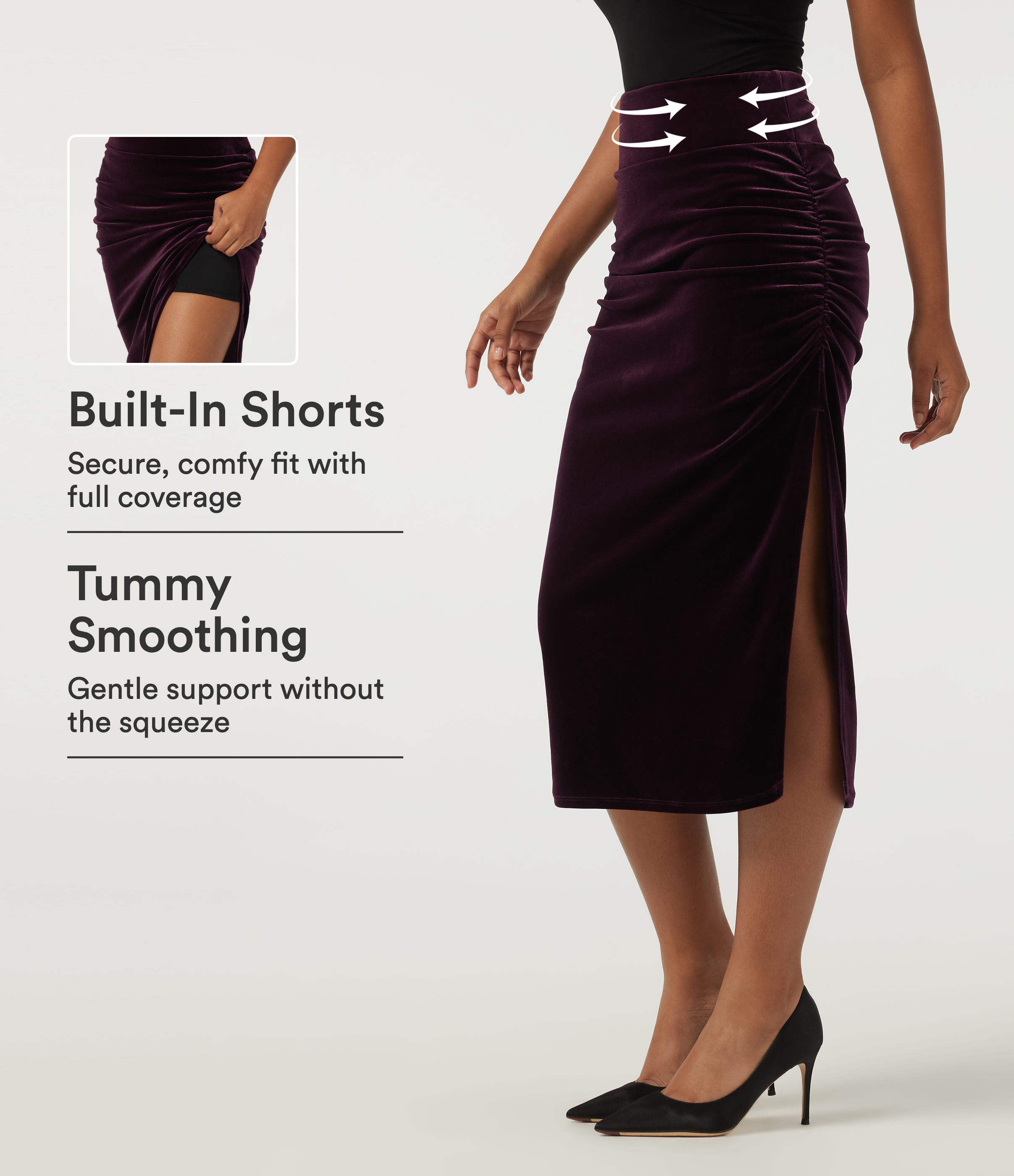 High Waisted Tummy Control Ruched Velvet Bodycon Party Midi Skirt with Built-in Shorts