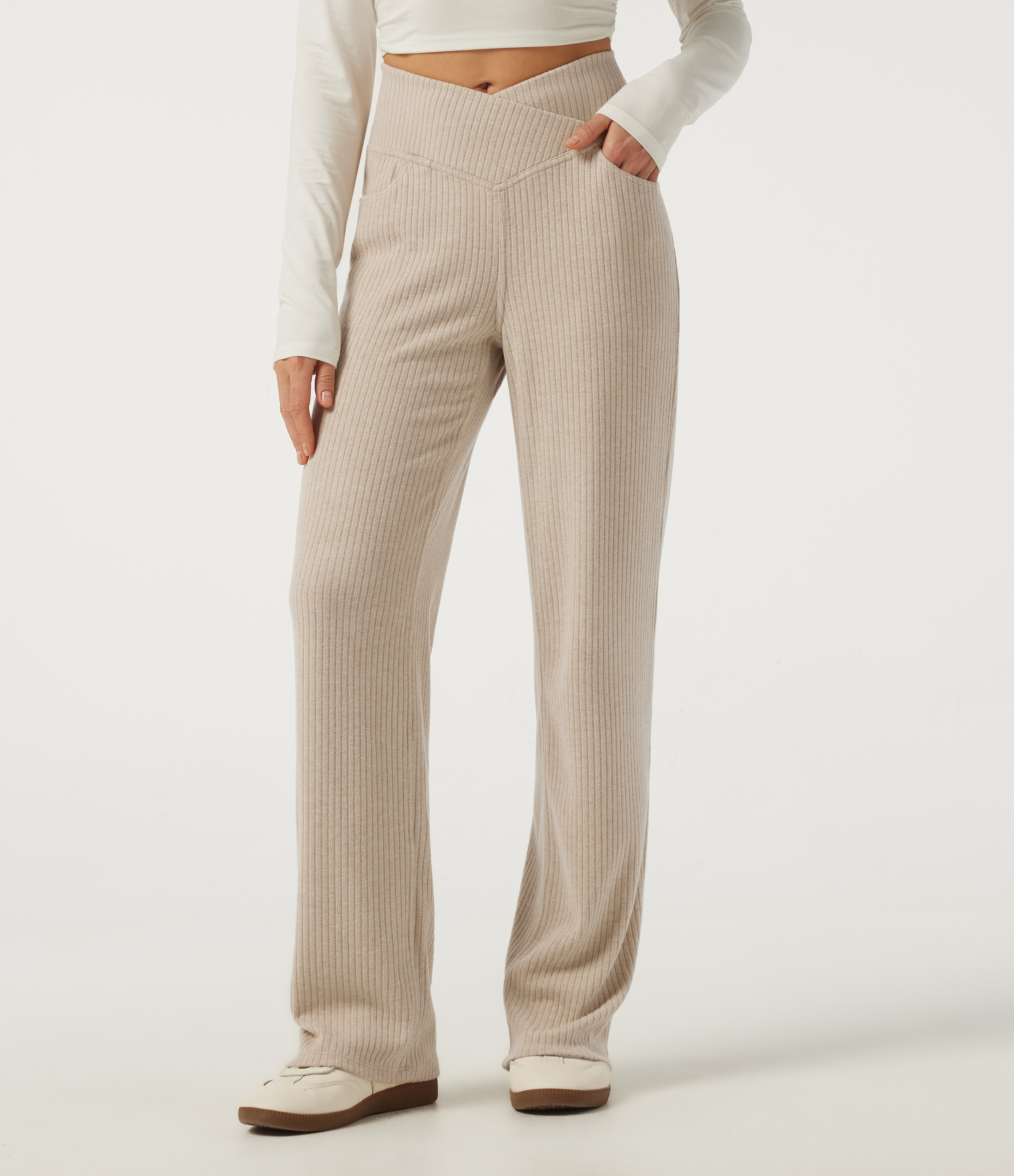 Ribbed Knit High Waisted Crossover Straight Leg Casual Pants with Pockets