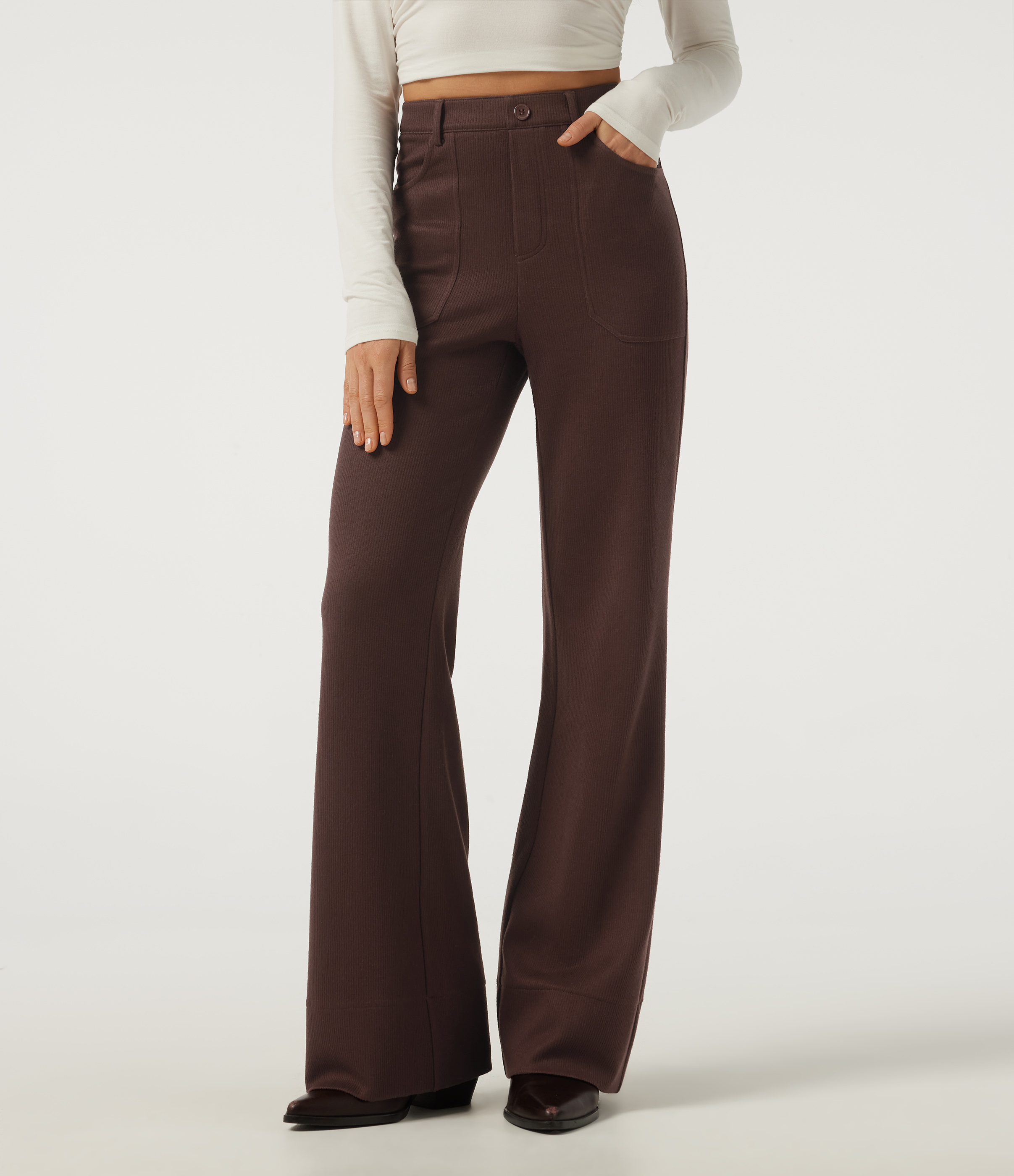 Ribbed High Waisted Casual Flare Pants with Pockets
