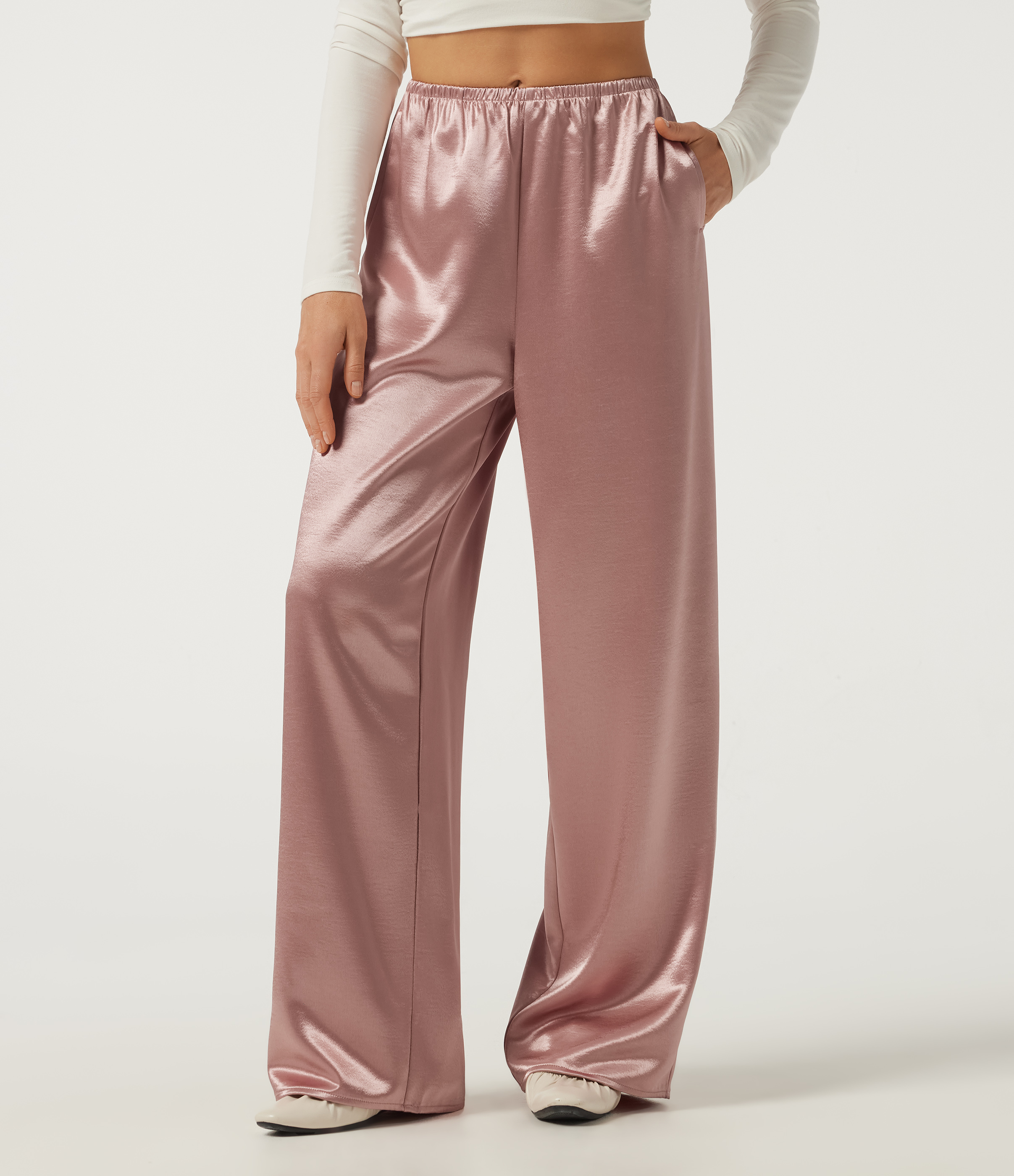 Mid Rise Wide Leg Satin Work Pants with Pockets