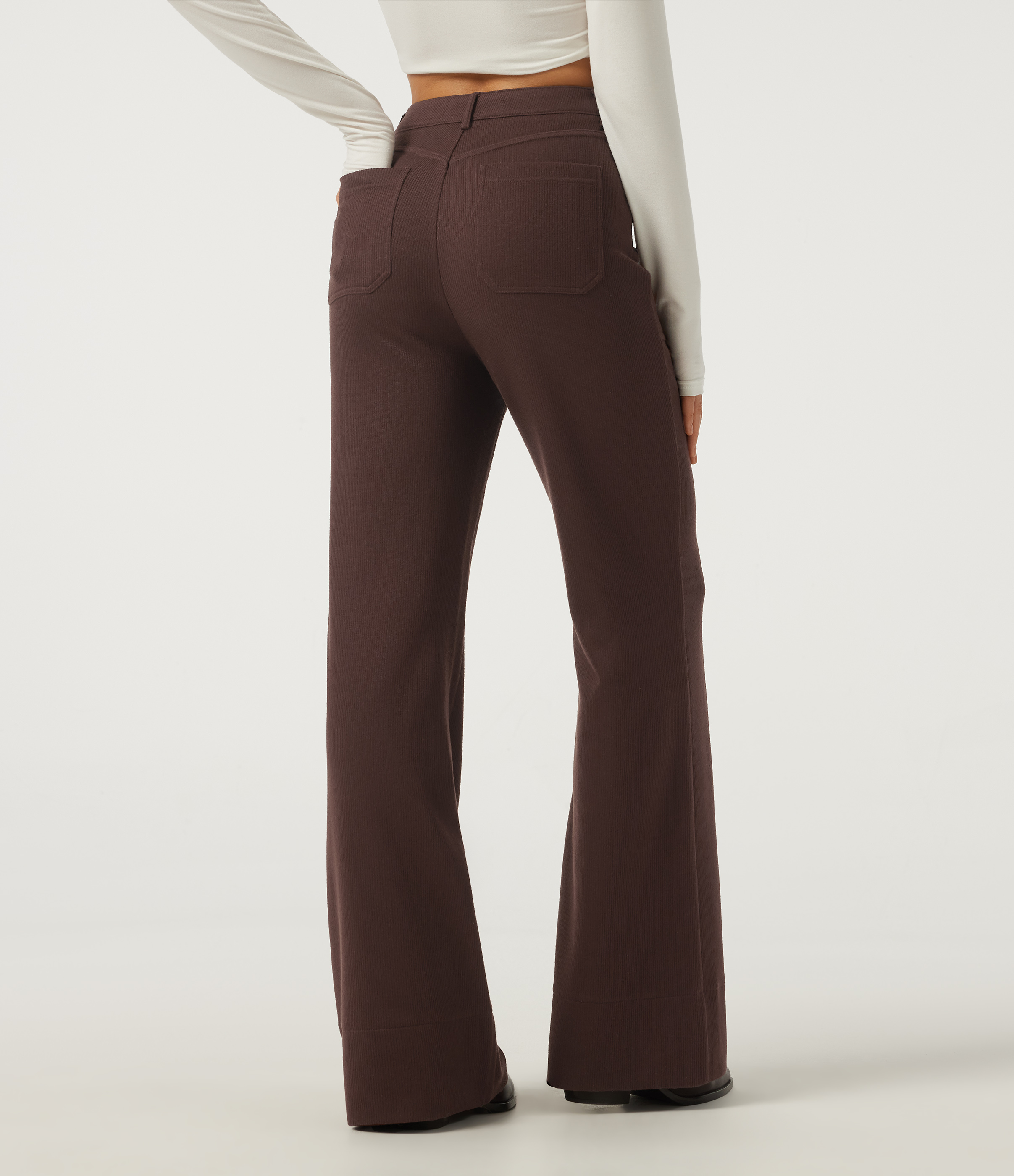 Bitter Chocolate Ribbed High Waisted Casual Flare Pants with Pockets / 2