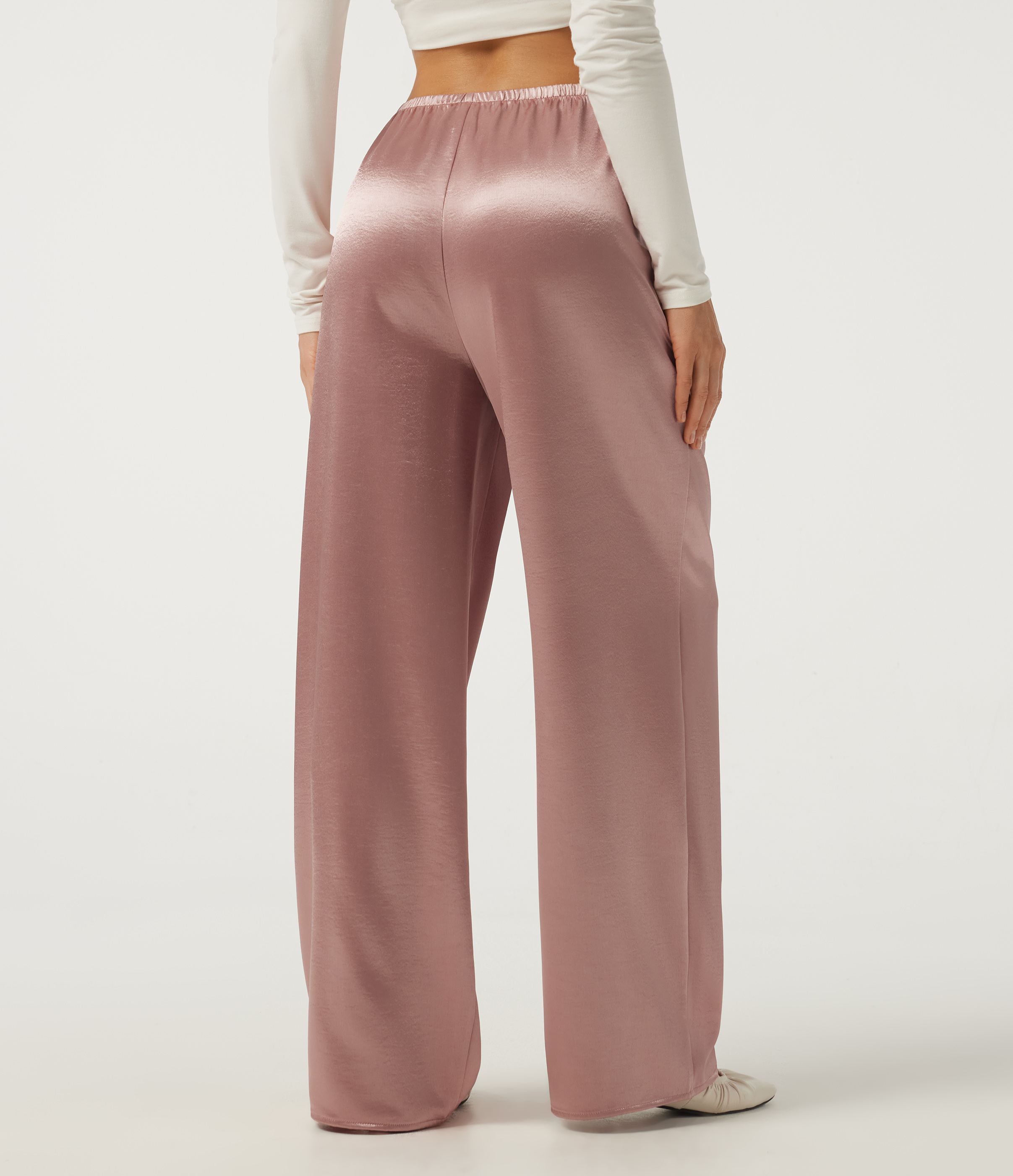 Misty Rose Mid Rise Wide Leg Satin Work Pants with Pockets / 2