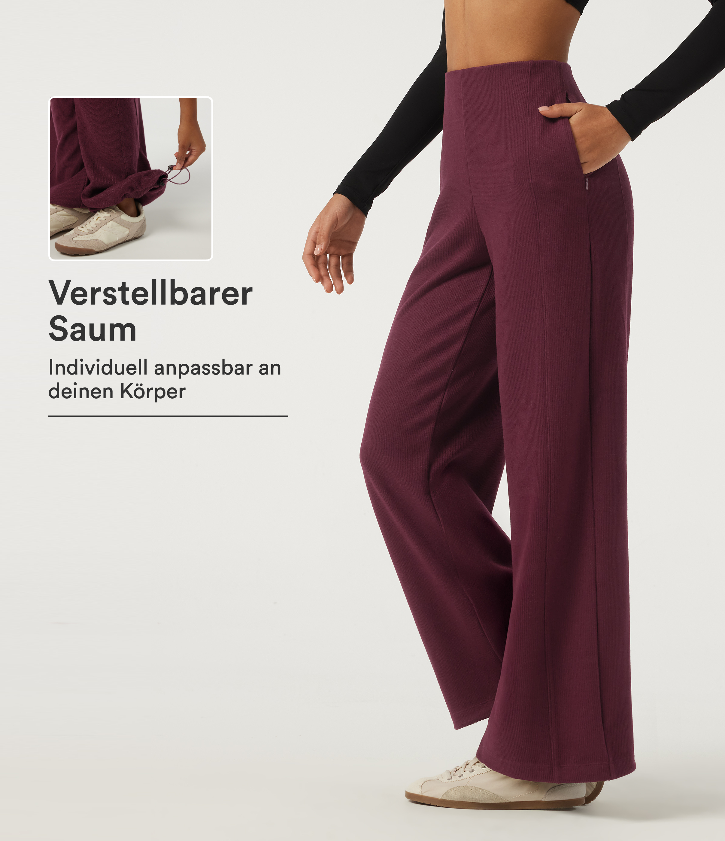 Cabernet Lässige, gerippte Hose mit hohem Bund, Seitentaschen, verstellbarem Saum und weitem Bein / 1