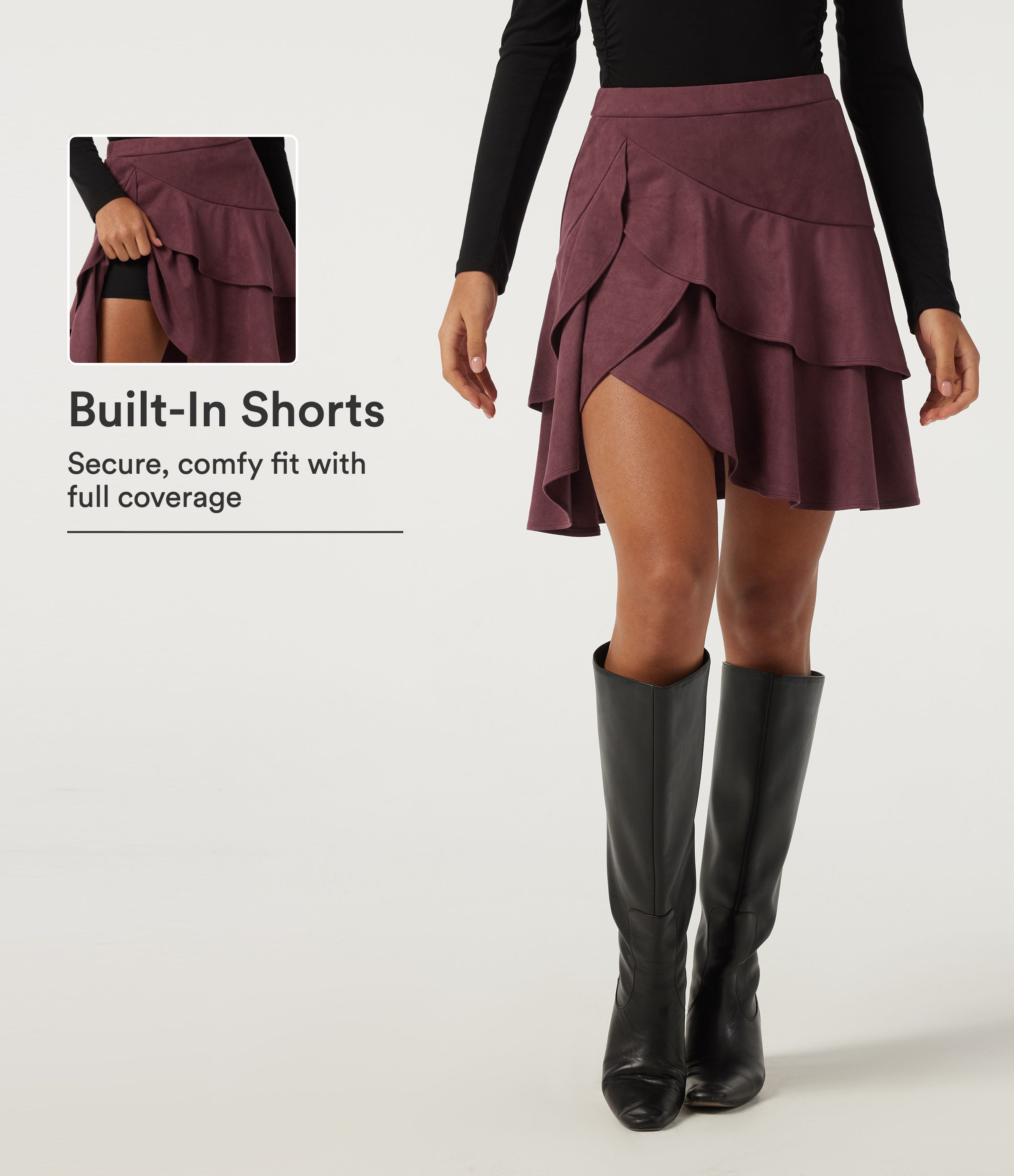High Waisted Asymmetric Ruffle Hem Suede A-Line Casual Mini Skirt with Built-in Shorts and Pocket