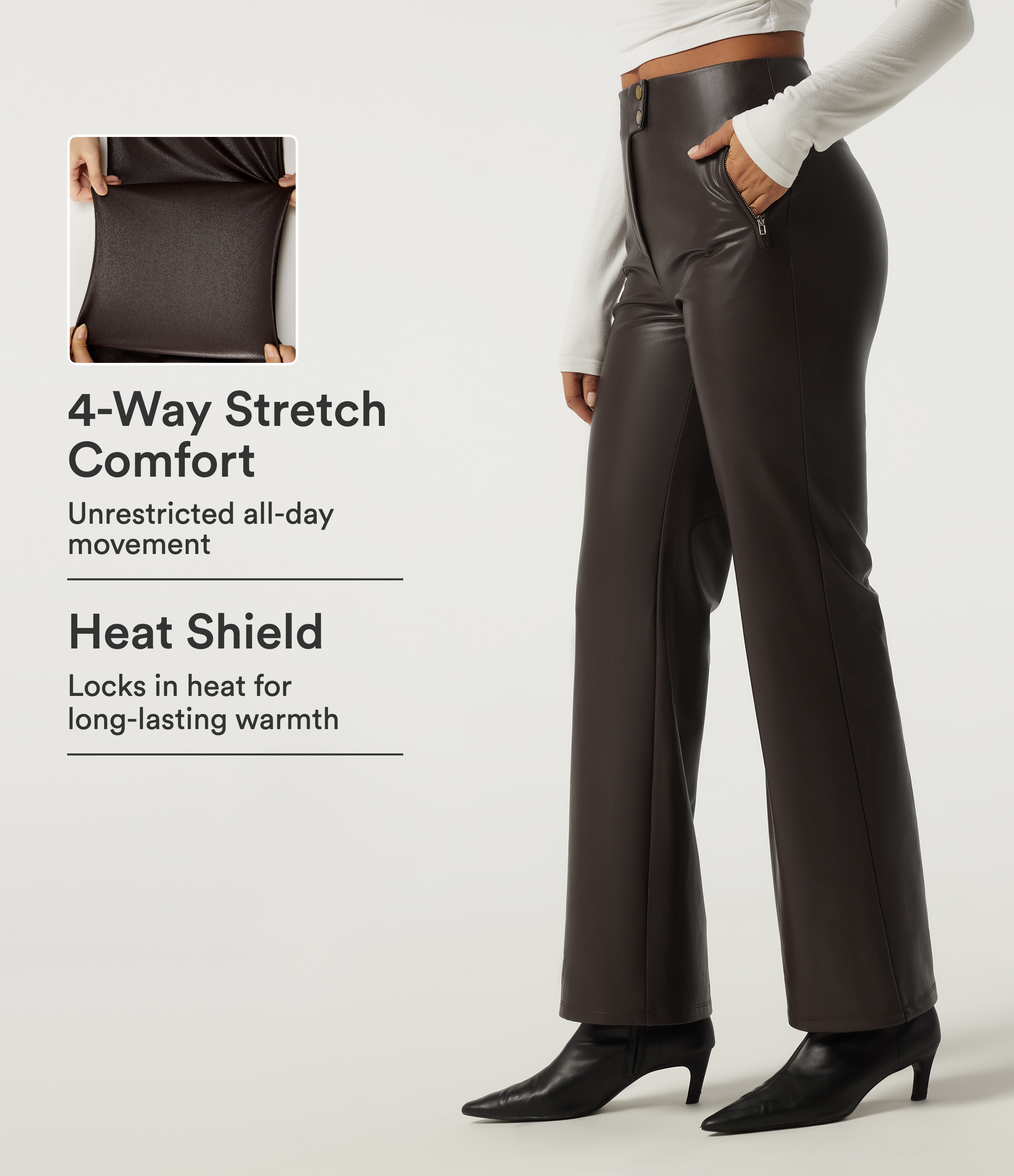 High Waisted Stretchy PU Fleece Casual Bootcut Pants with Pockets