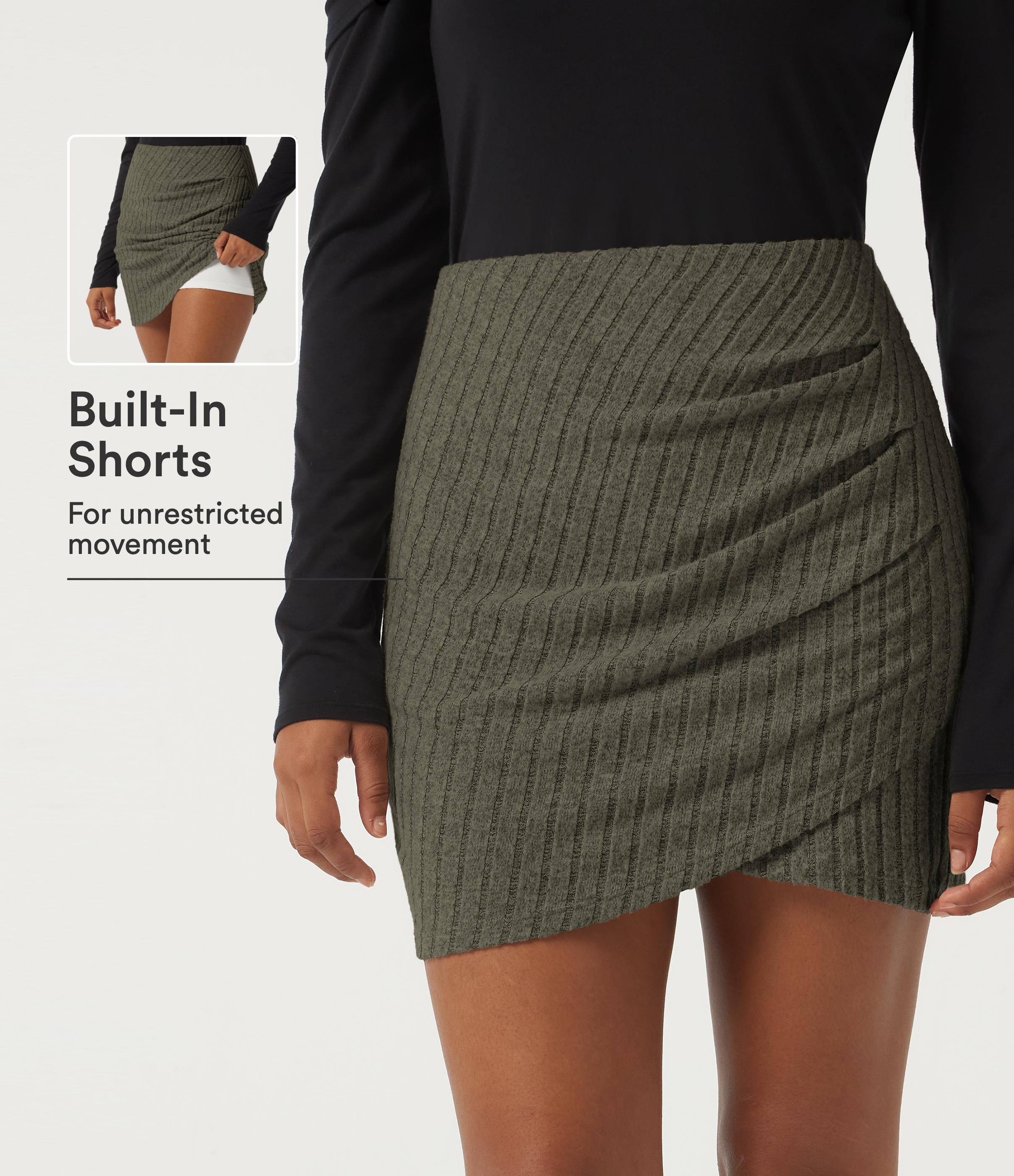 Ribbed Knit High Waisted 2-in-1 Ruched Crossover Party Mini Skirt