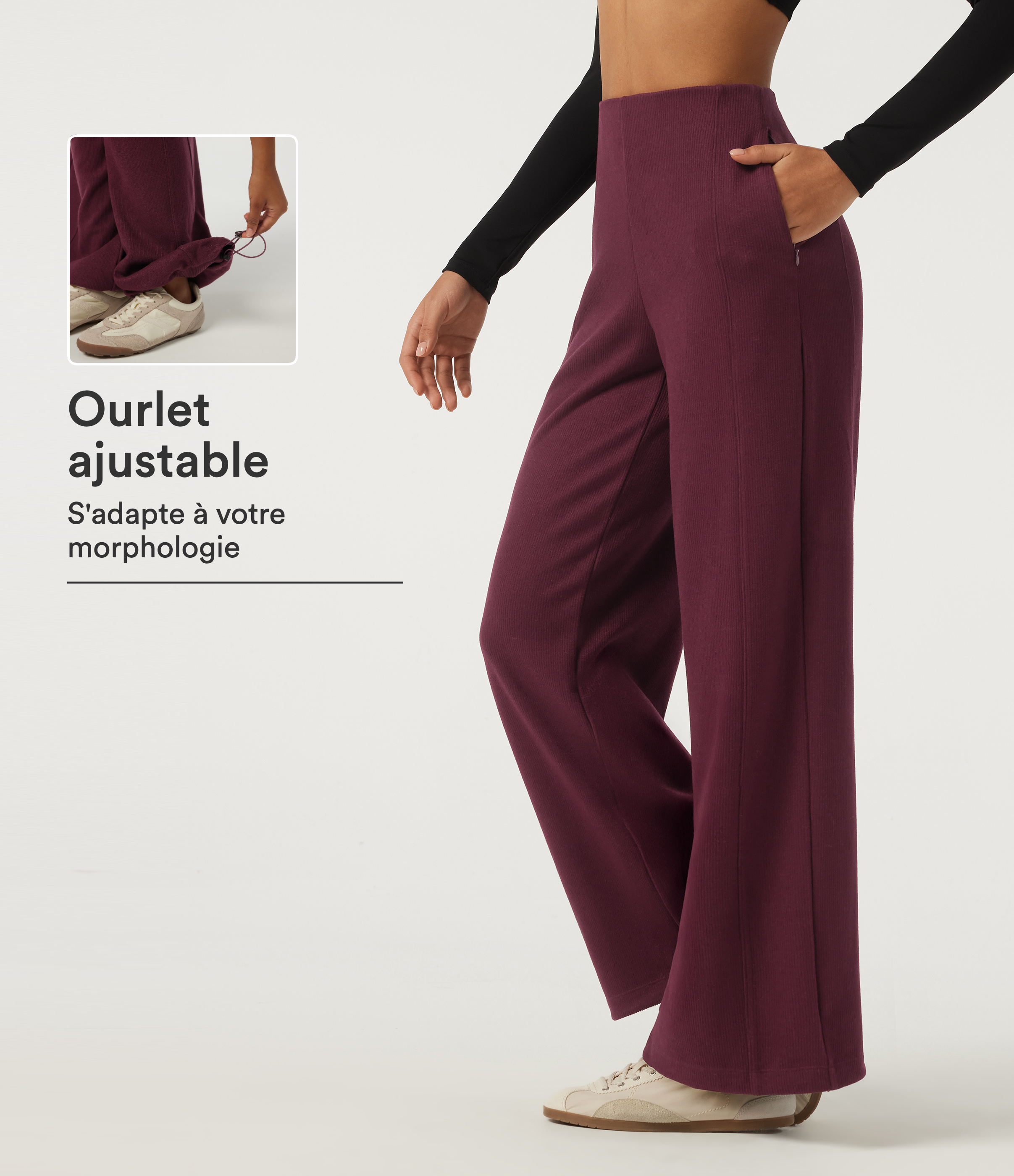 Pantalon côtelé taille haute coupe large avec ourlet ajustable et poches