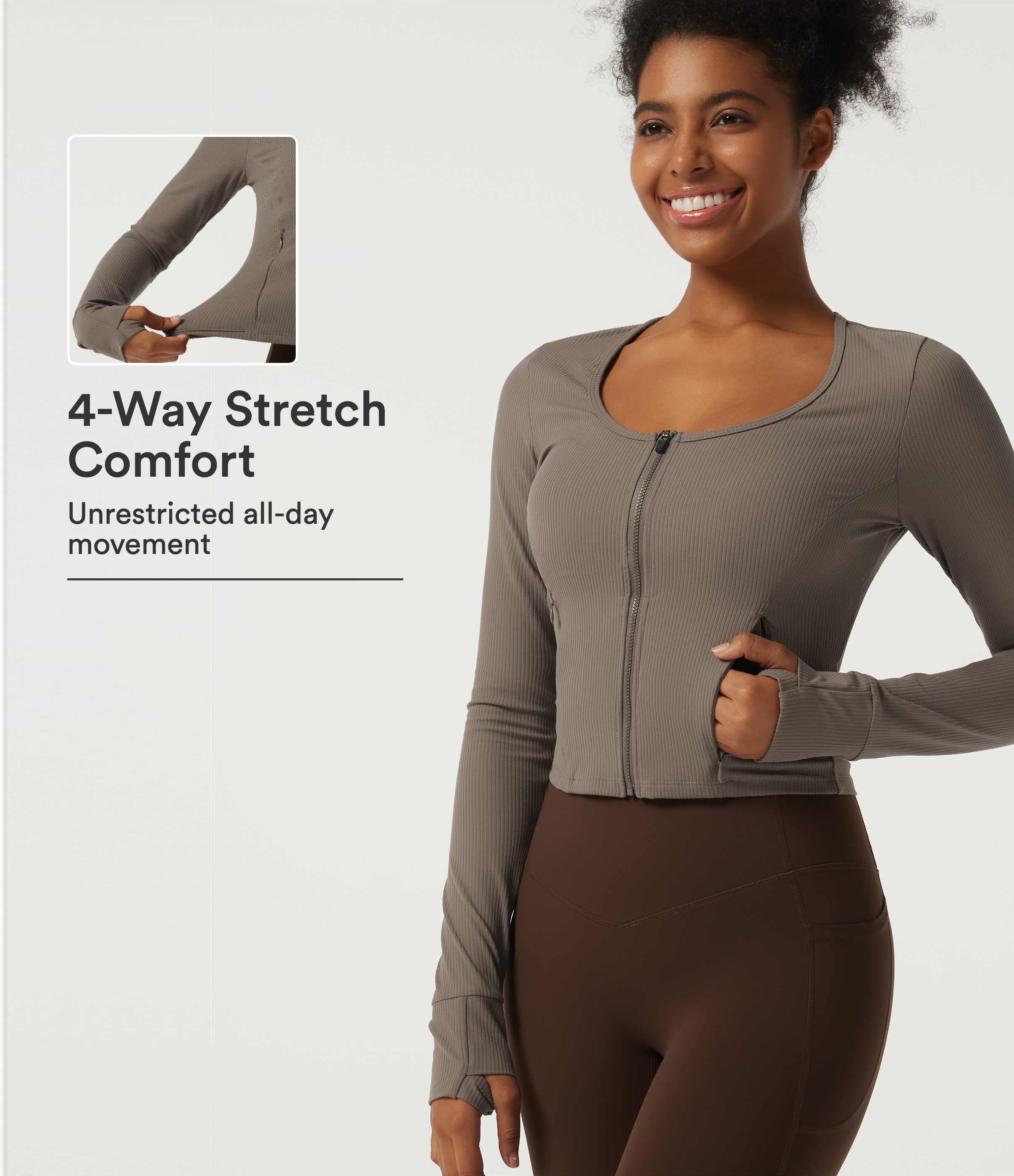 Ribbed Knit Round Neck Long Sleeve Yoga Track Jacket with Pockets and ThumbHoles
