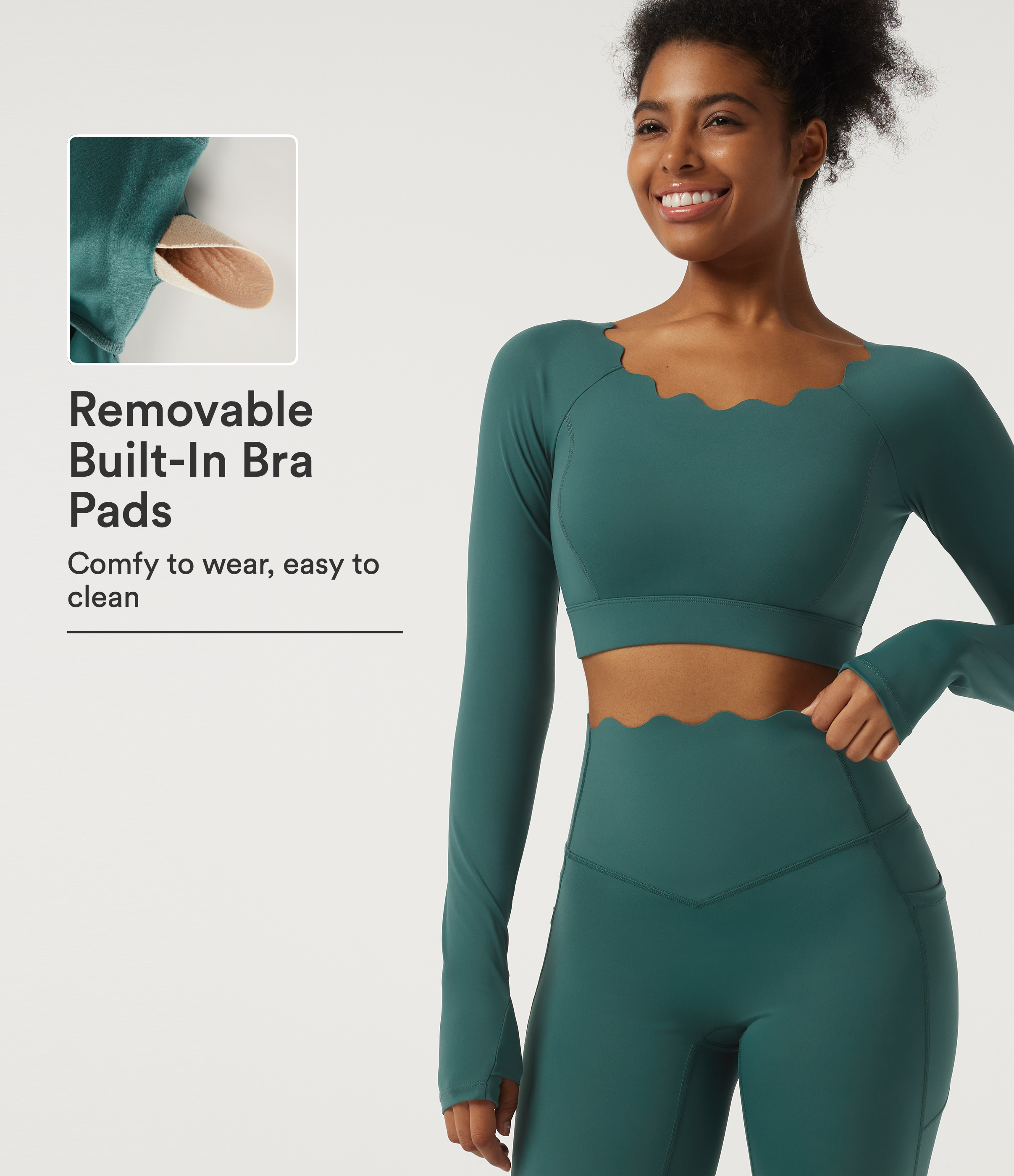 Speedwave™ Air Scallop Scoop Neck Long Sleeve Yoga Sports Top with Thumbholes and Built-in Bra