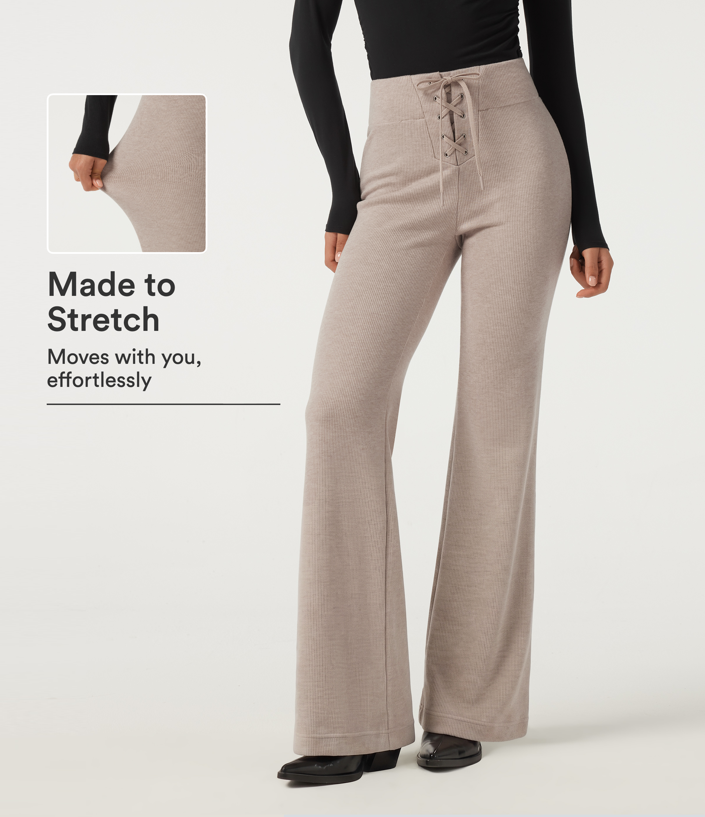 Ribbed Knit High Waisted Tie Front Flare Casual Pants with Pockets