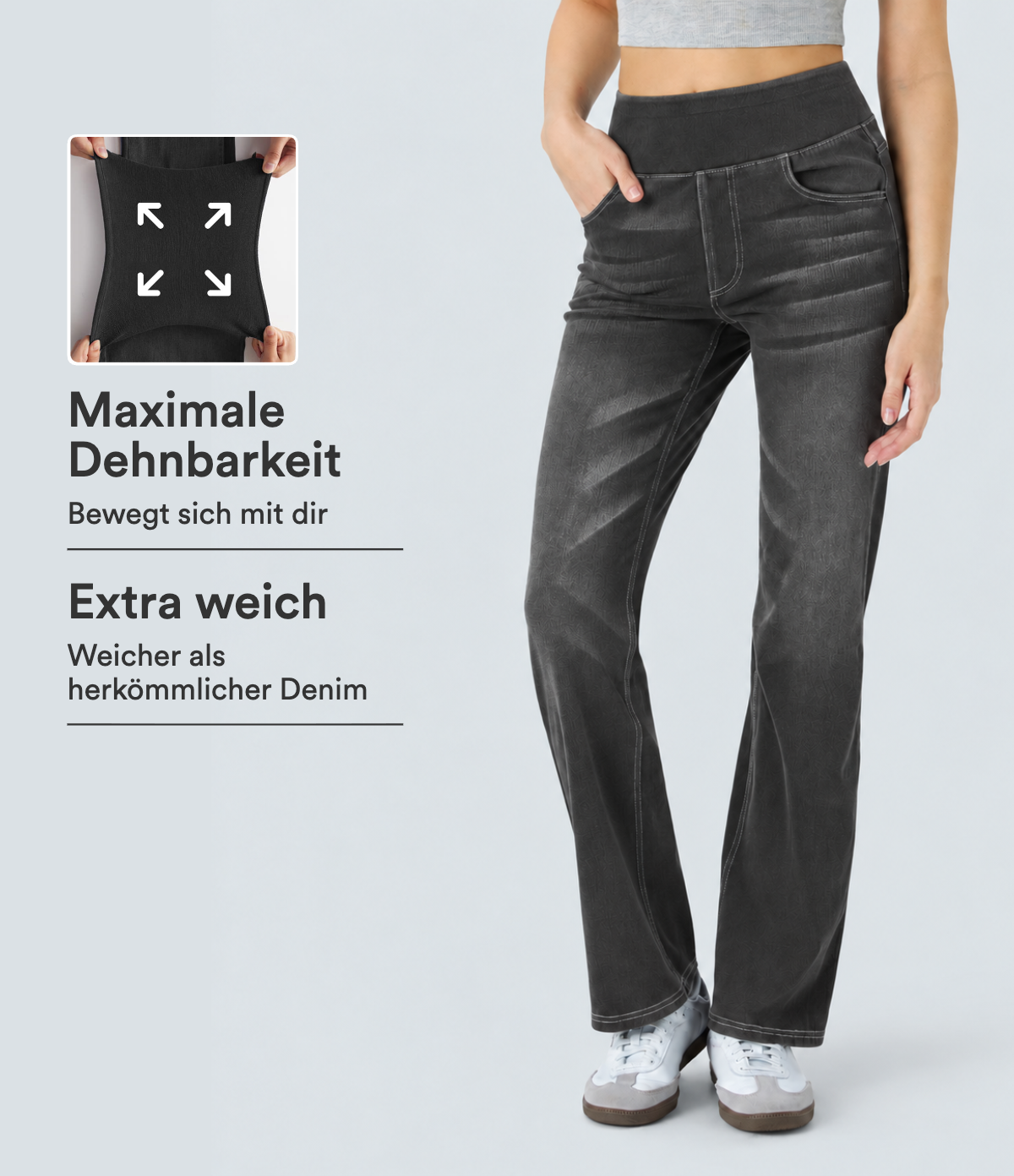 Halara Flex™ Verwaschene Bootcut-Jeans aus elastischem Strick-Denim mit hohem Bund und mehrere Taschen