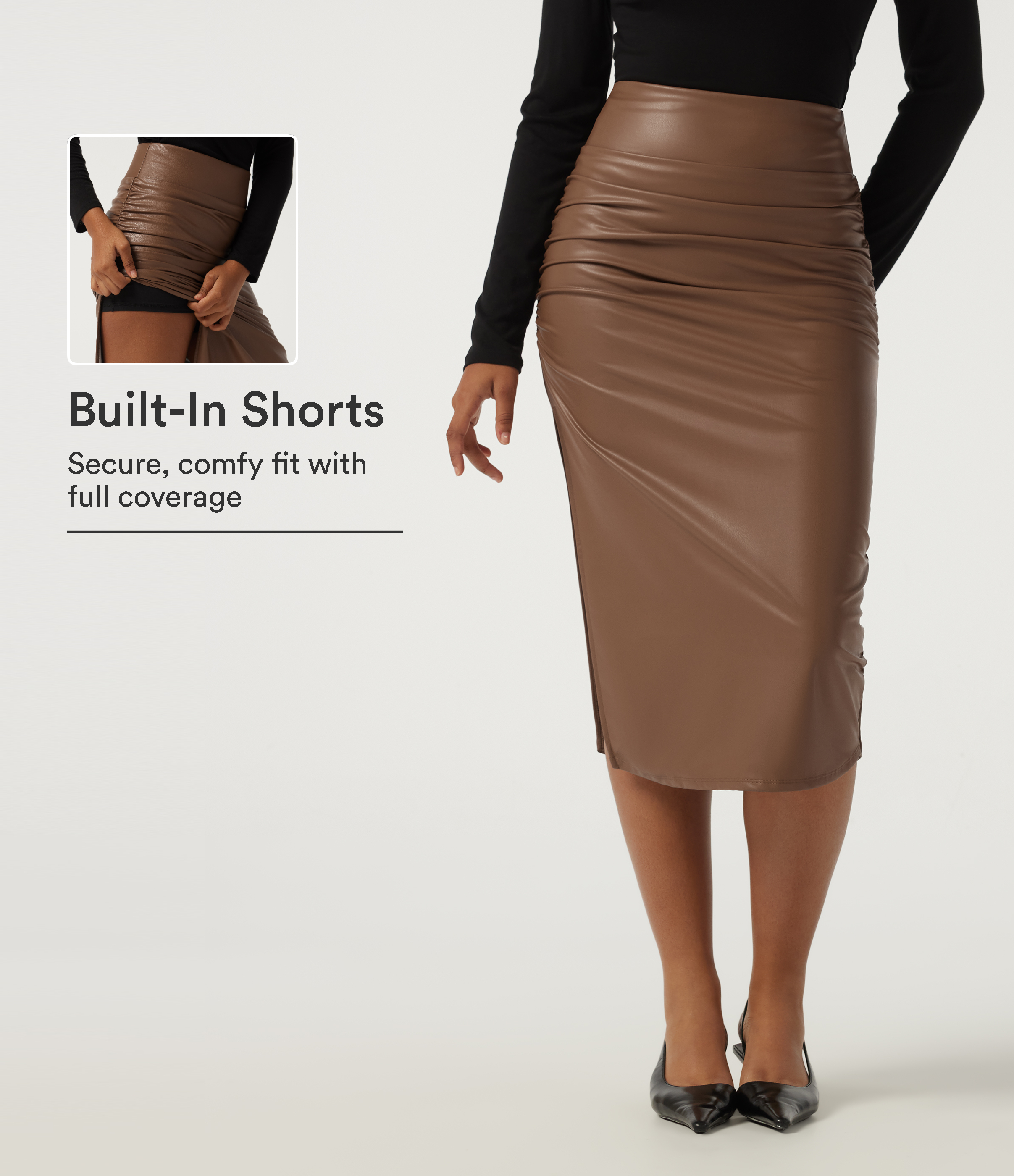 High Waisted Ruched Bodycon Fleece PU Leather Party Midi Skirts with Built-in Shorts
