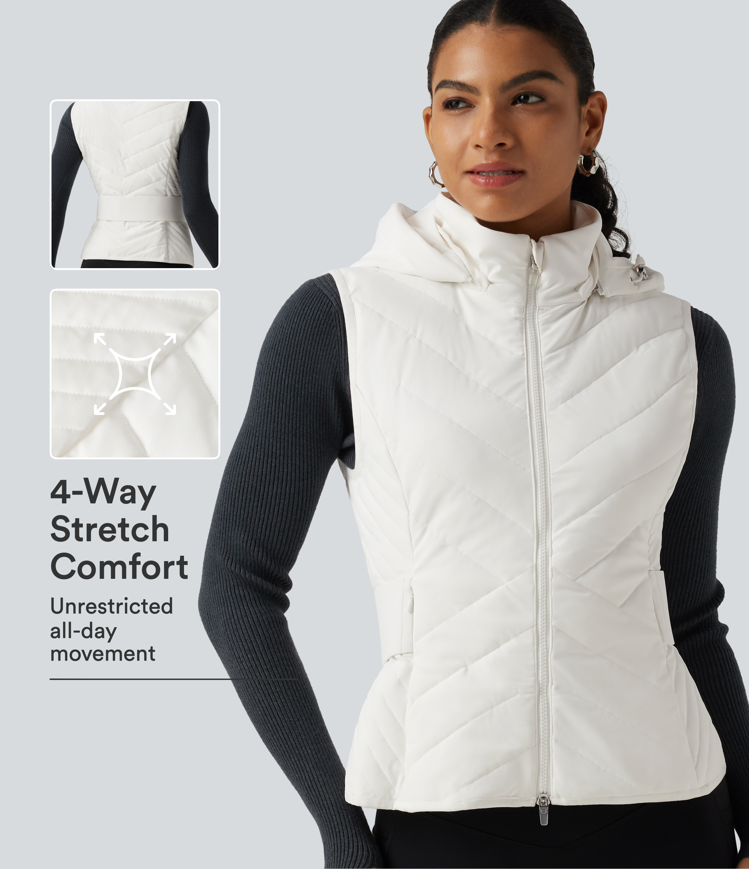 White PuffFlex Removable Hood Quilted Casual Padded Vest with Pockets / 1