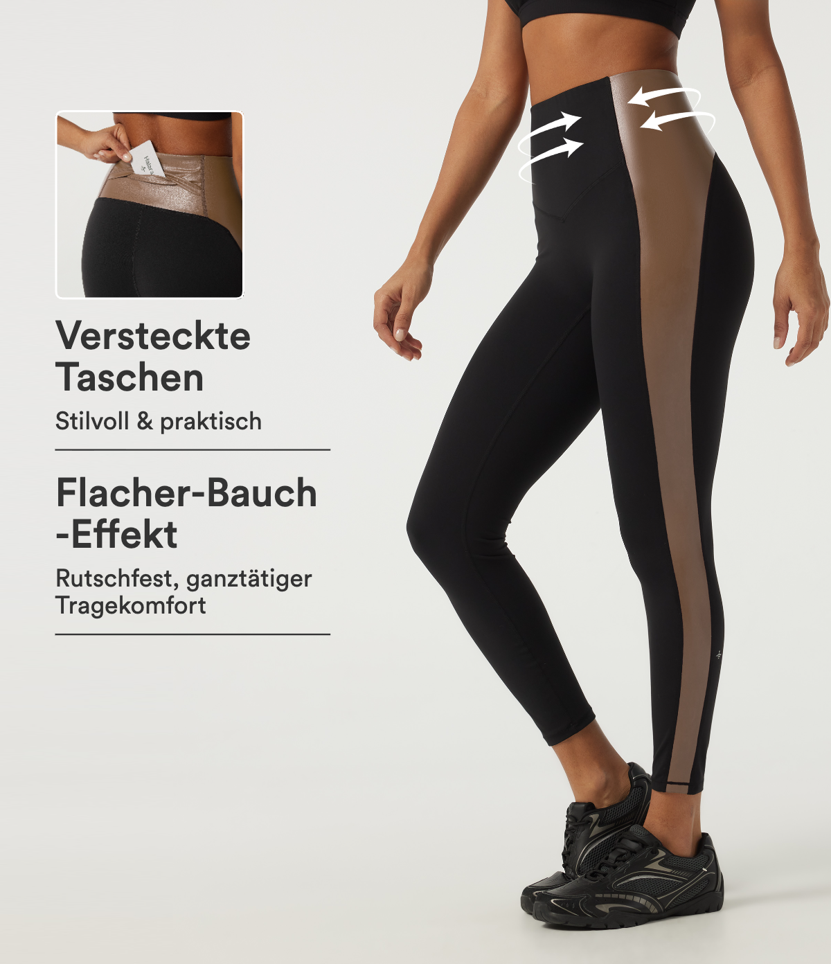 Yoga-Leggings aus elastischem Kunstleder mit hohem Bund, Bundtasche, Bauchkontrolle und Farbblock
