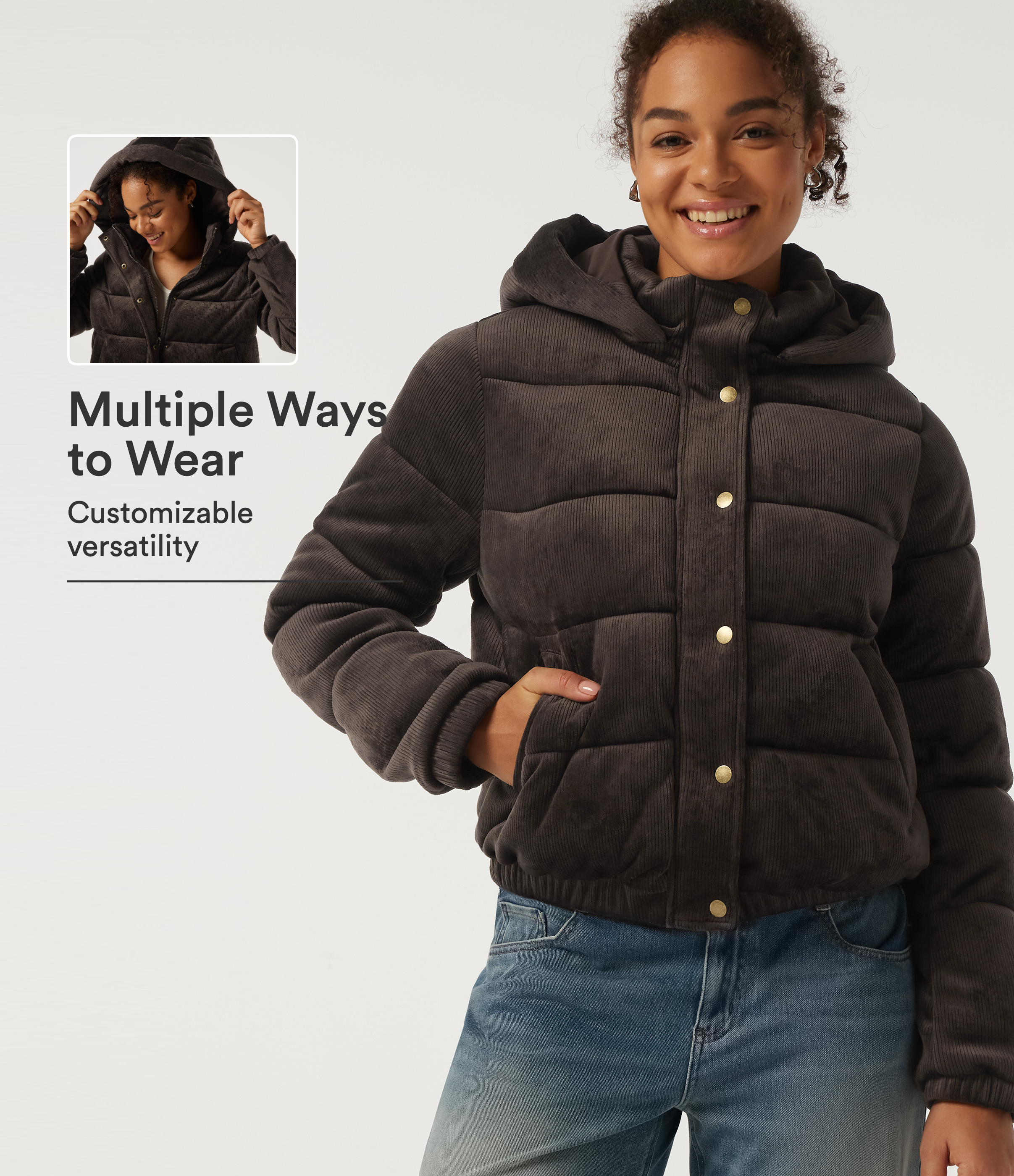 Ribbed Knit Removable Hood Long Sleeve Fleece Casual Padded Jacket with Pockets