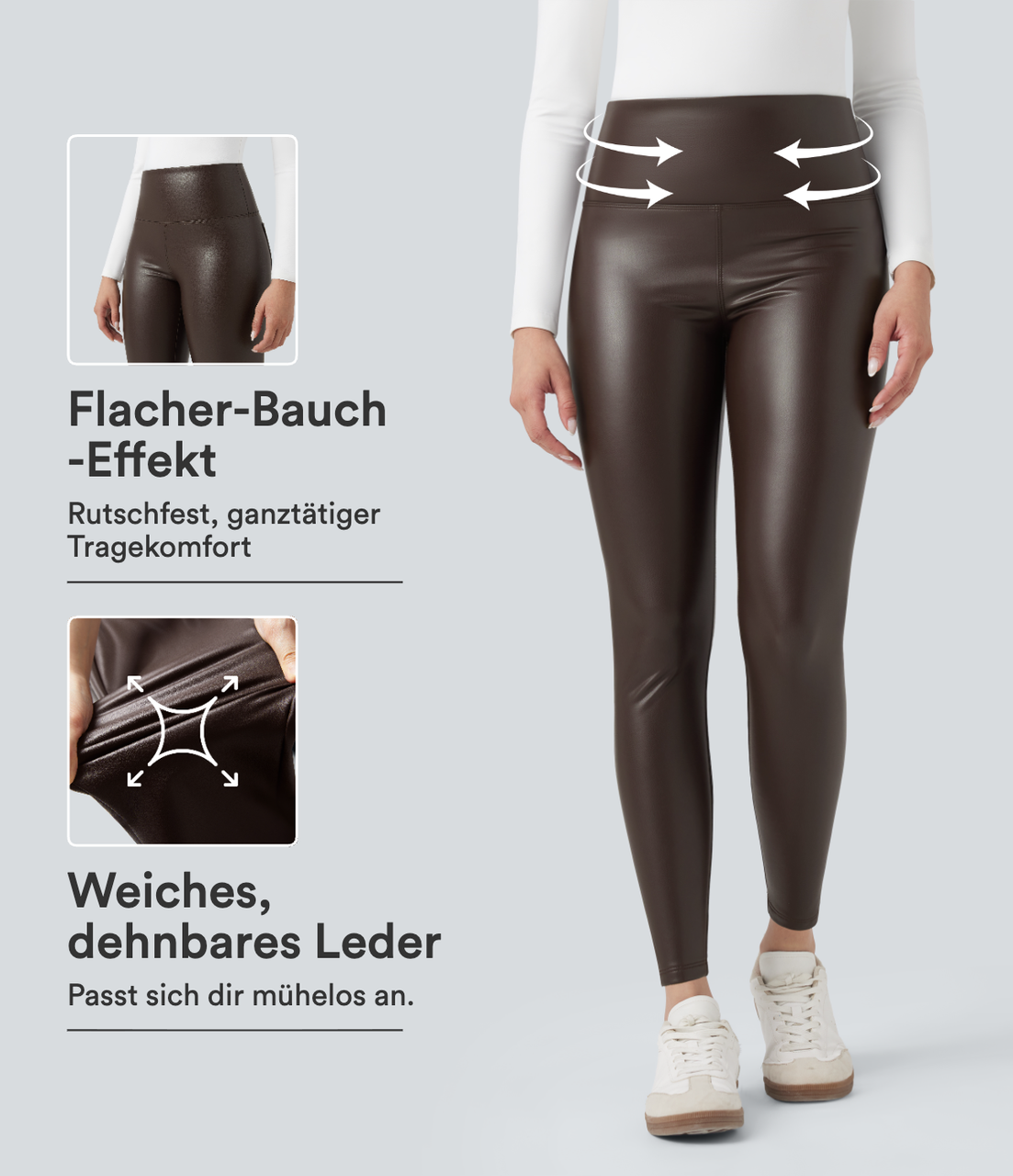 Lässige 2-in-1 Skinny-Leggings aus elastischem Kunstleder mit hohem Bund, Seitentaschen und Bauchkontrolle