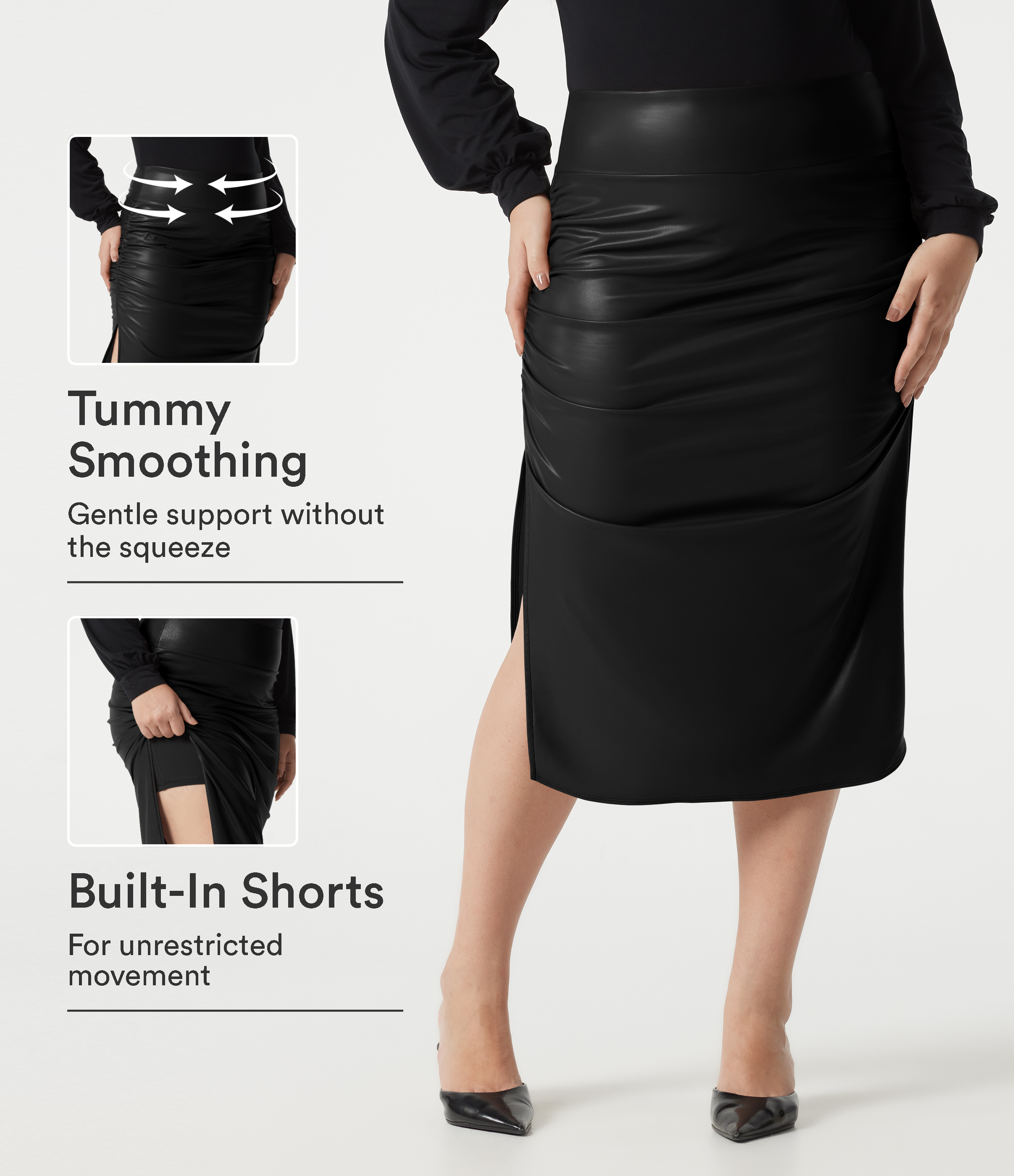 Plus Size High Waisted Tummy Control Ruched Curved Hem 2-in-1 Fleece PU Leather Midi Casual Skirt