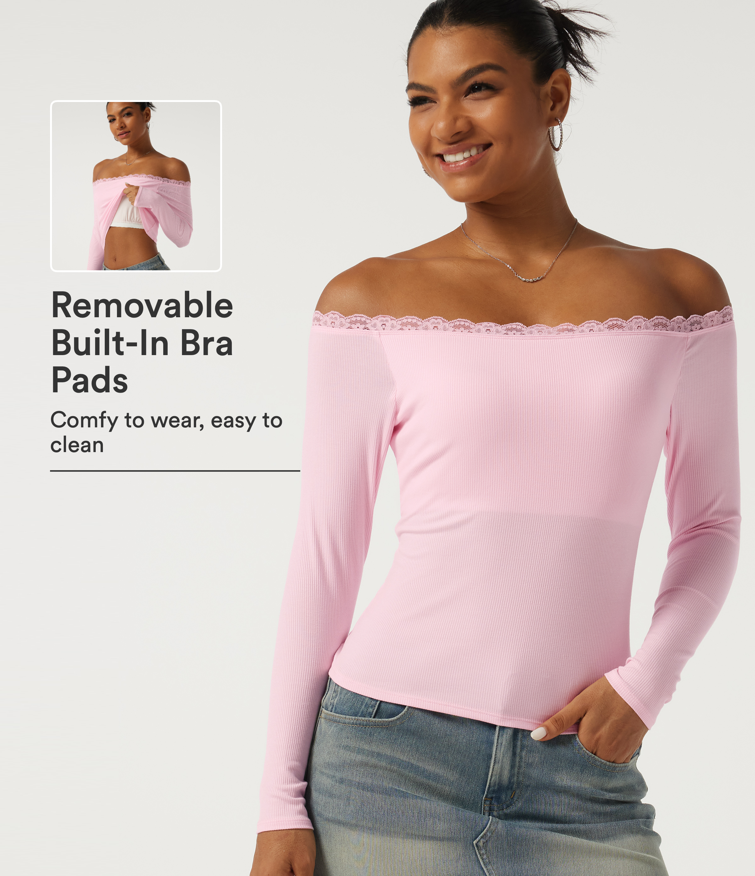 Ribbed Knit Off Shoulder Long Sleeve Contrast Lace T-Shirt with Built-in Bra