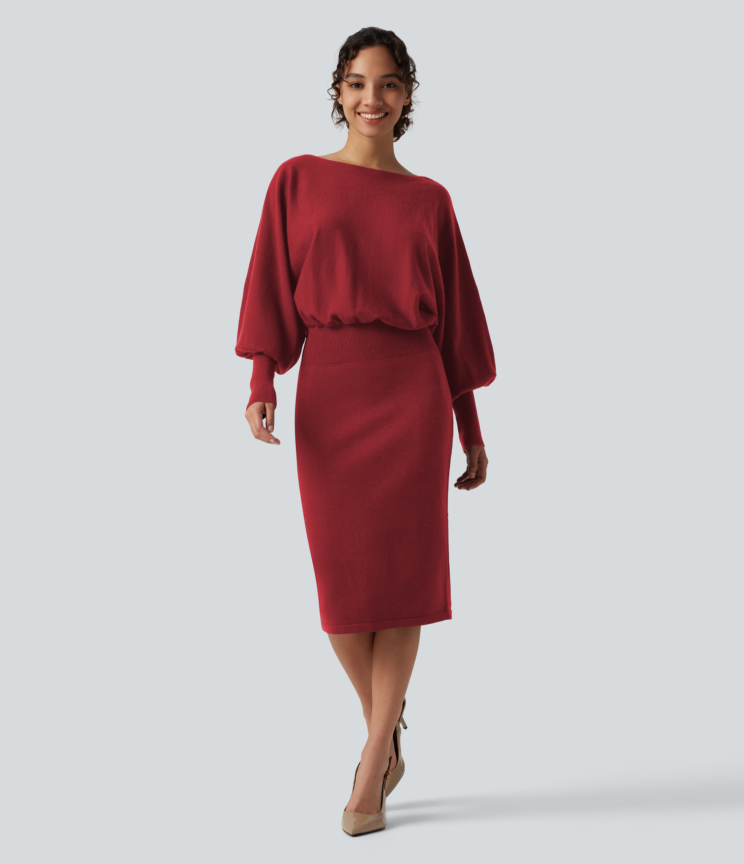 Boat Neck Puff Long Sleeve Work Sweater Dress