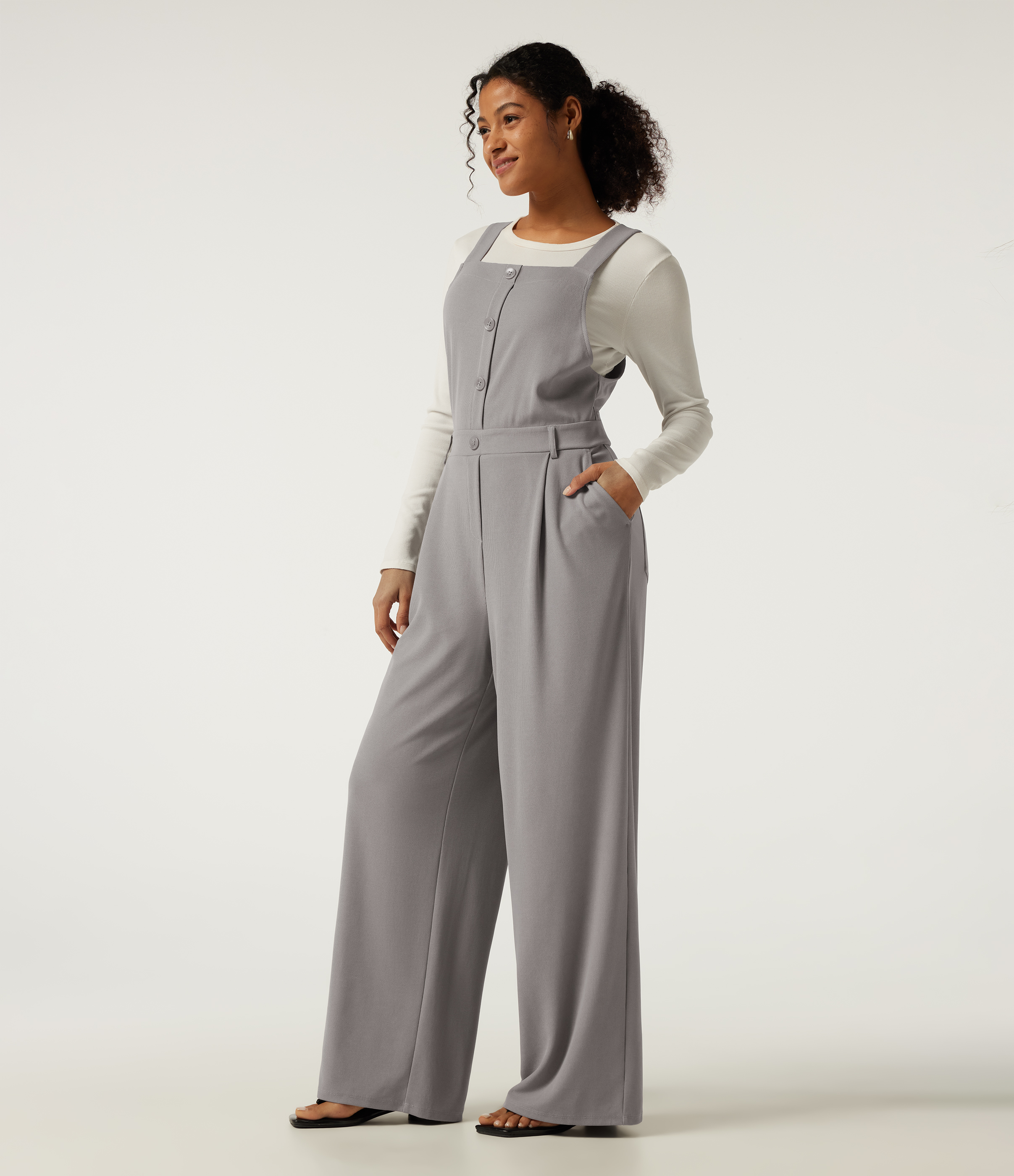Square Neck Wide Leg Waffle Casual Overalls with Pockets