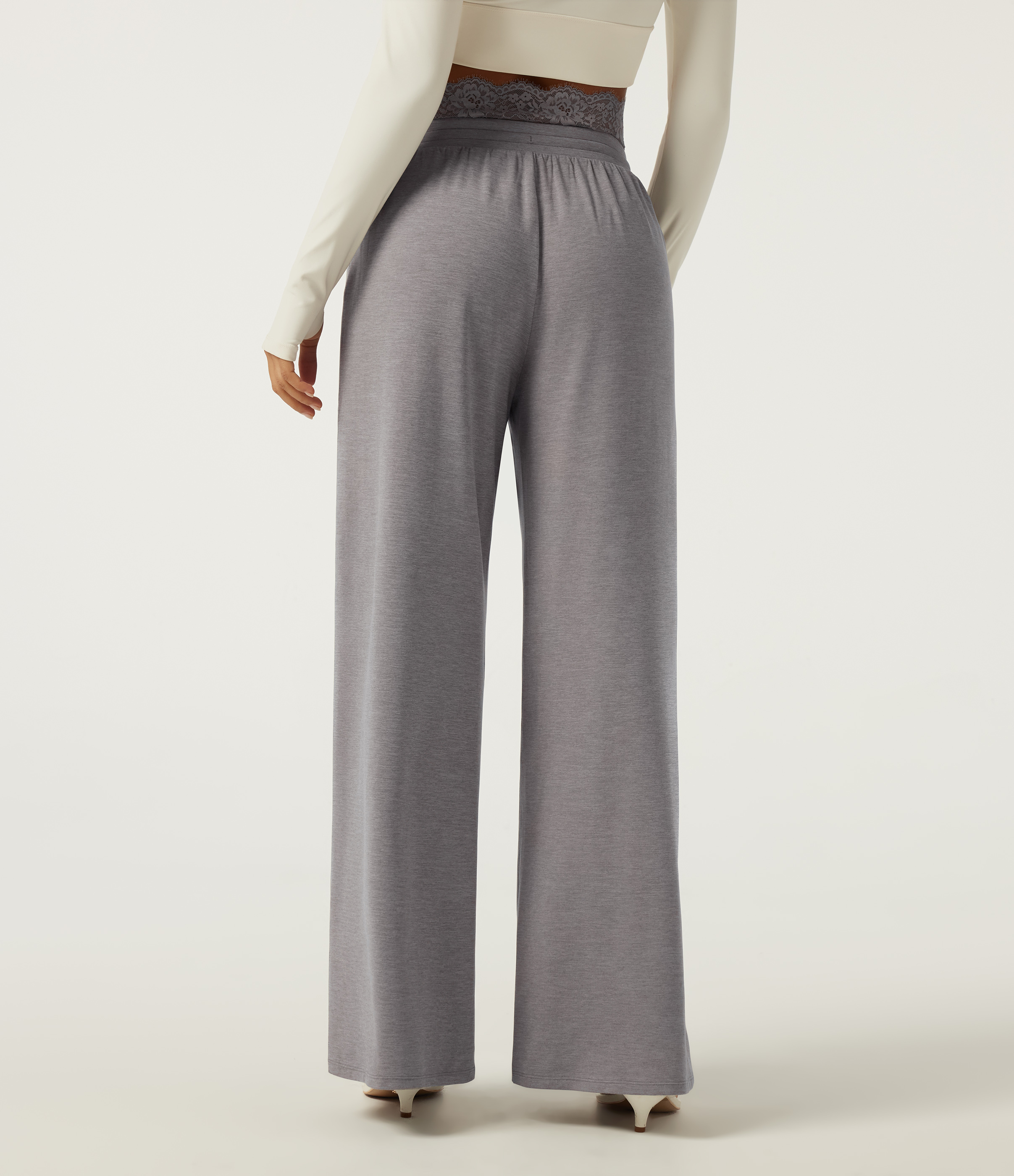 Mottled Earth Gray Low Rise Wide Leg Darwstring Contrast Lace Casual Sweatpants with Pockets / 2
