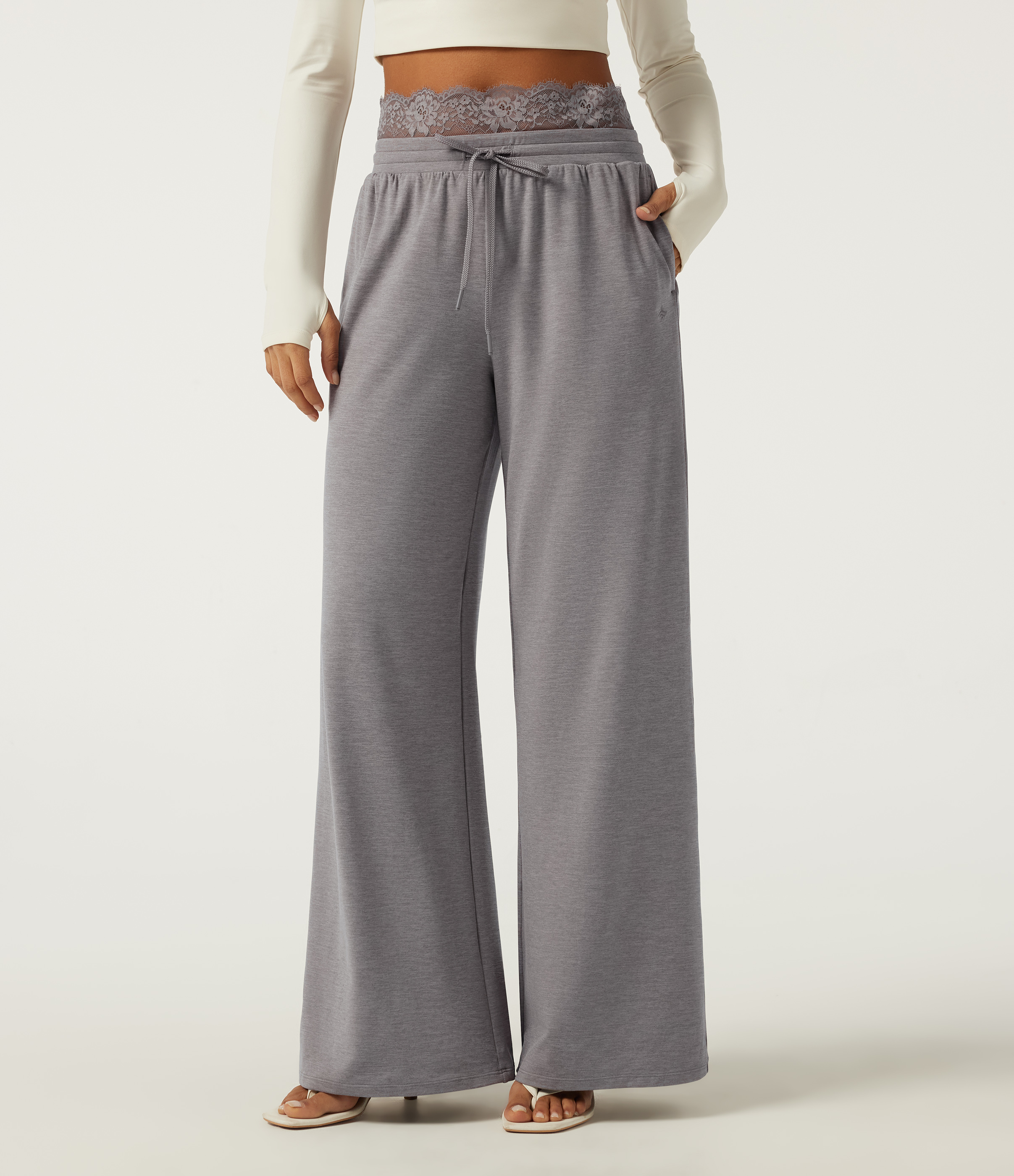 Low Rise Wide Leg Darwstring Contrast Lace Casual Sweatpants with Pockets
