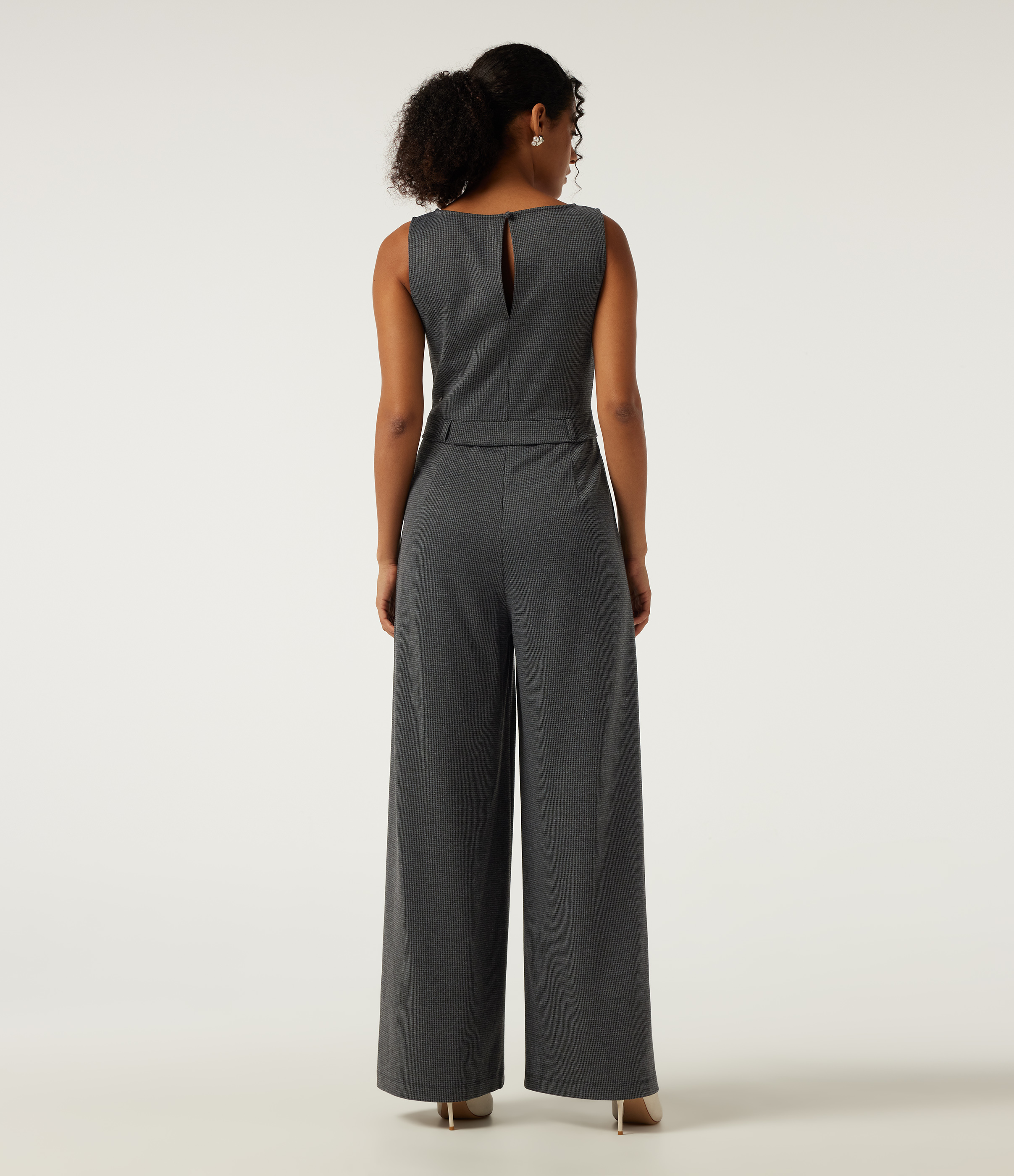 Shadow Knit Boat Neck Sleeveless Wide Leg Houndstooth Slim Work Jumpsuits with Pockets -Easy Peezy Edition / 2