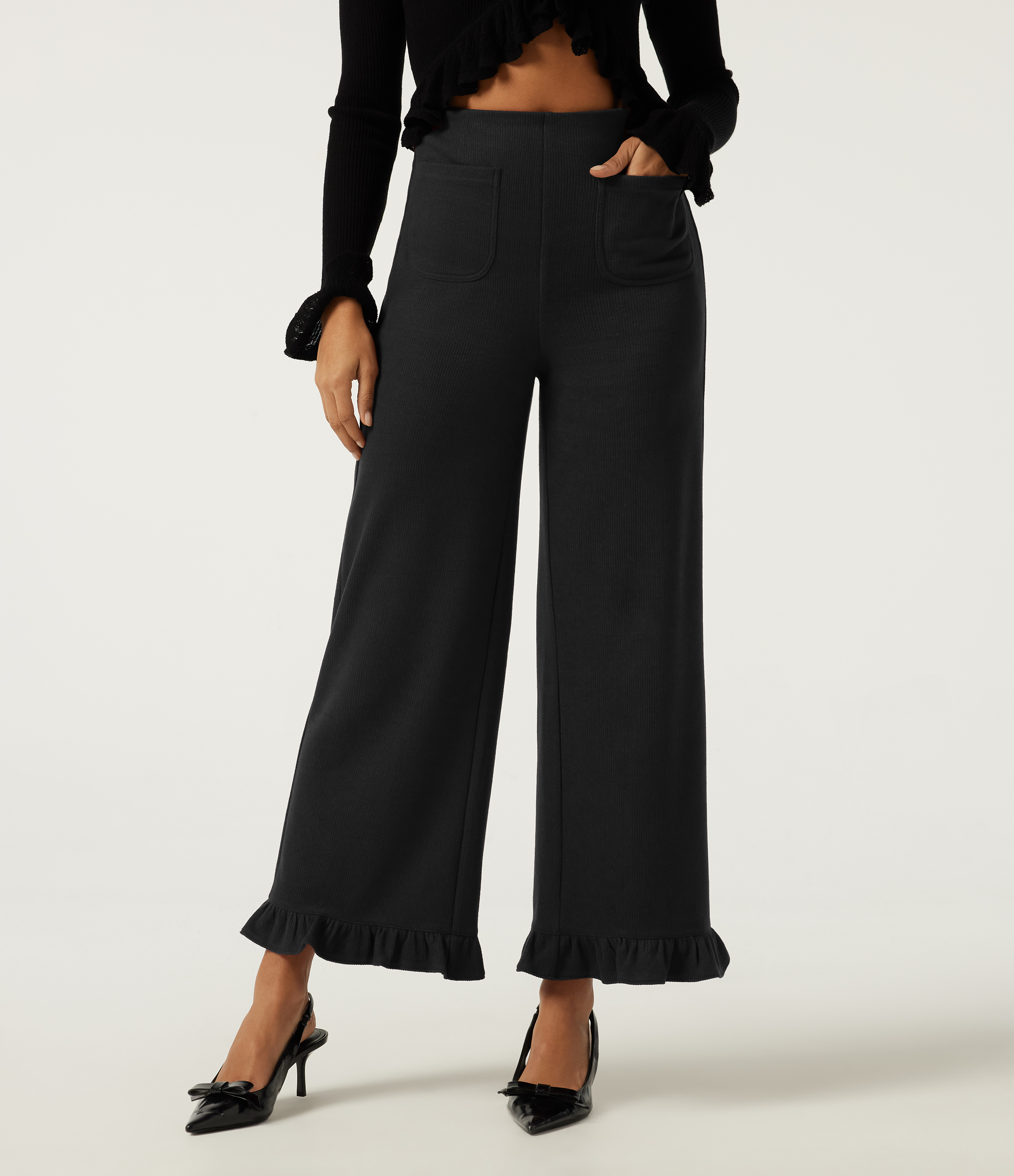 Ribbed High Waisted Tummy Control Wide Leg Ruffle Hem Casual Pants with Pockets