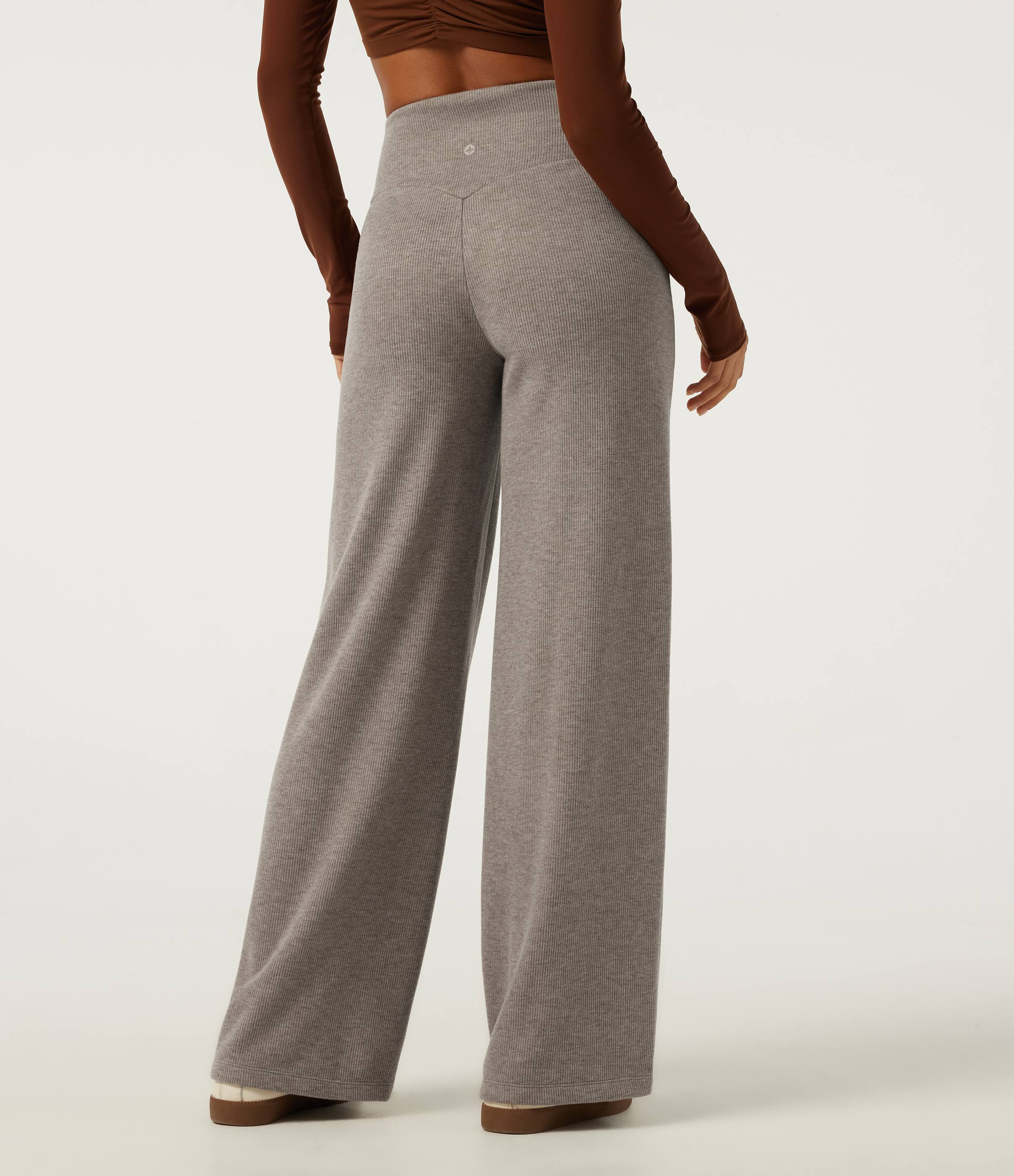 Taupe Stripe Ribbed Knit High Waisted Tummy Control Straight Leg Pintuck Casual Pants with Pockets / 2
