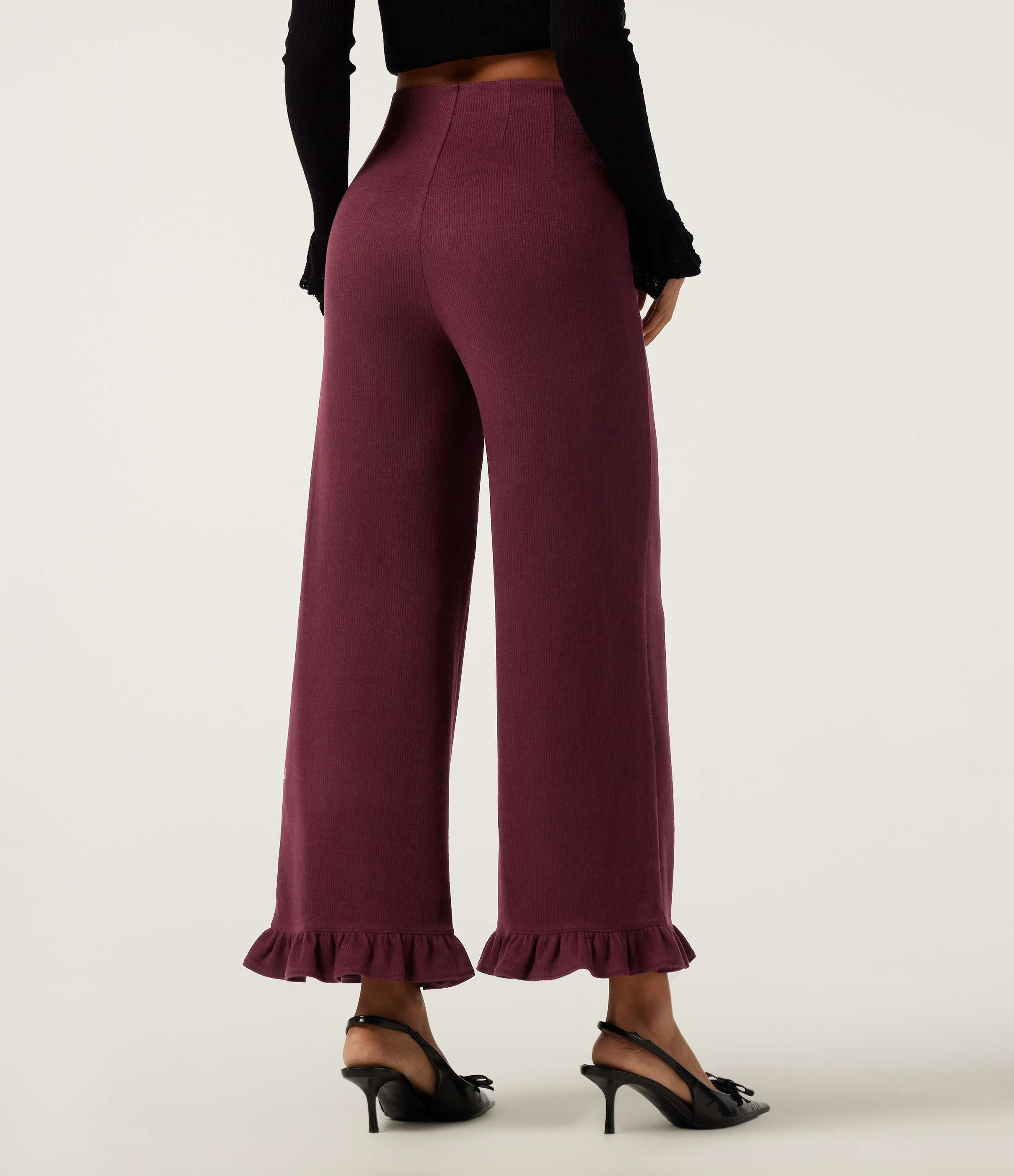 Cabernet Ribbed High Waisted Tummy Control Wide Leg Ruffle Hem Casual Pants with Pockets / 2