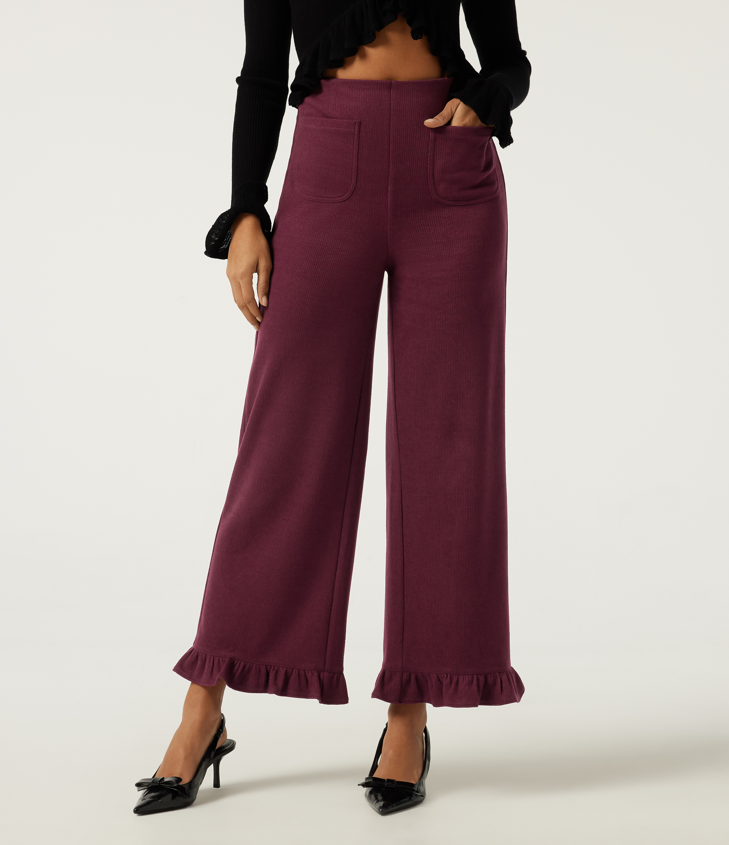 Ribbed High Waisted Tummy Control Wide Leg Ruffle Hem Casual Pants with Pockets