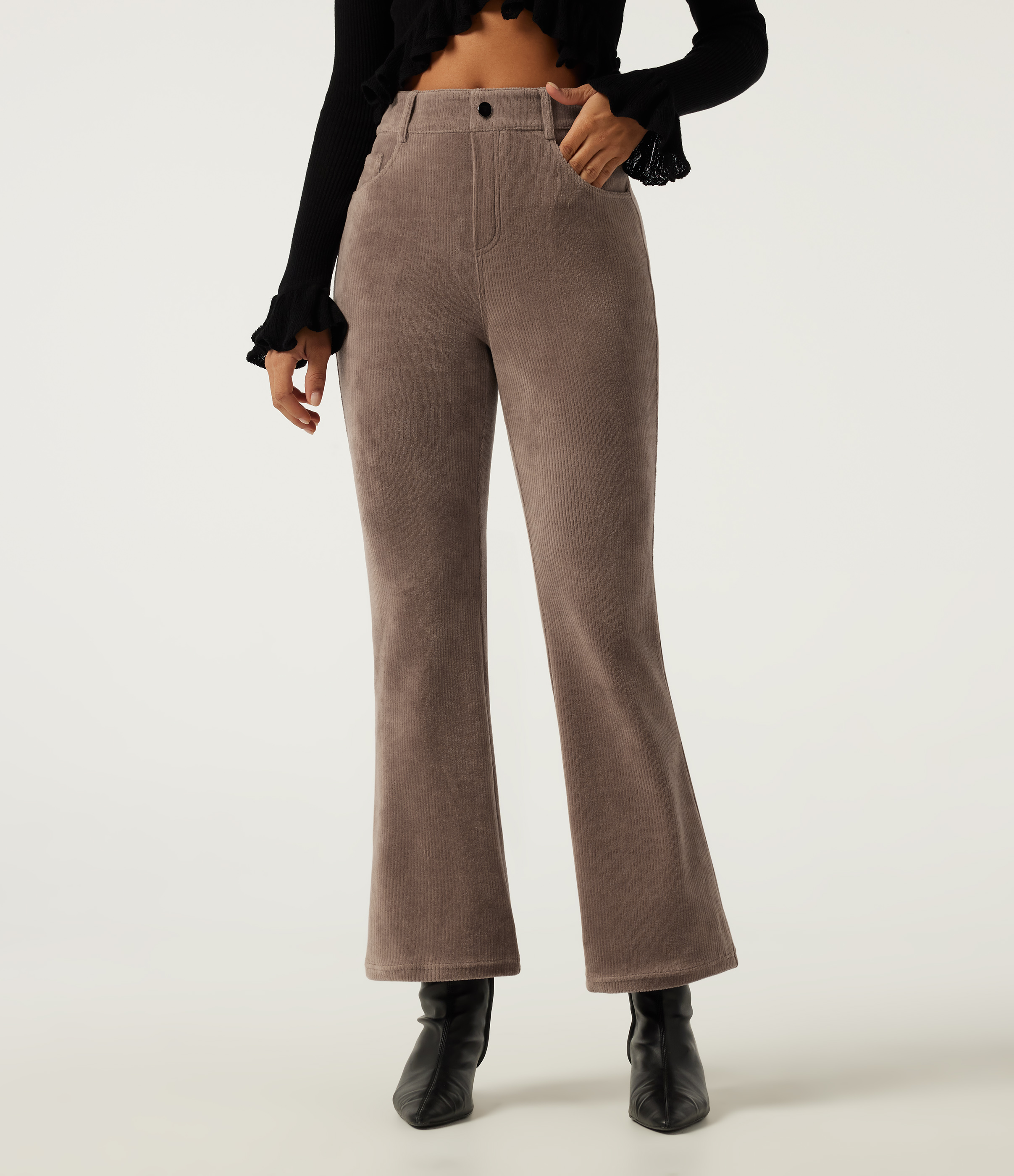 High Waisted Flare Corduroy Casual Pants with Pockets