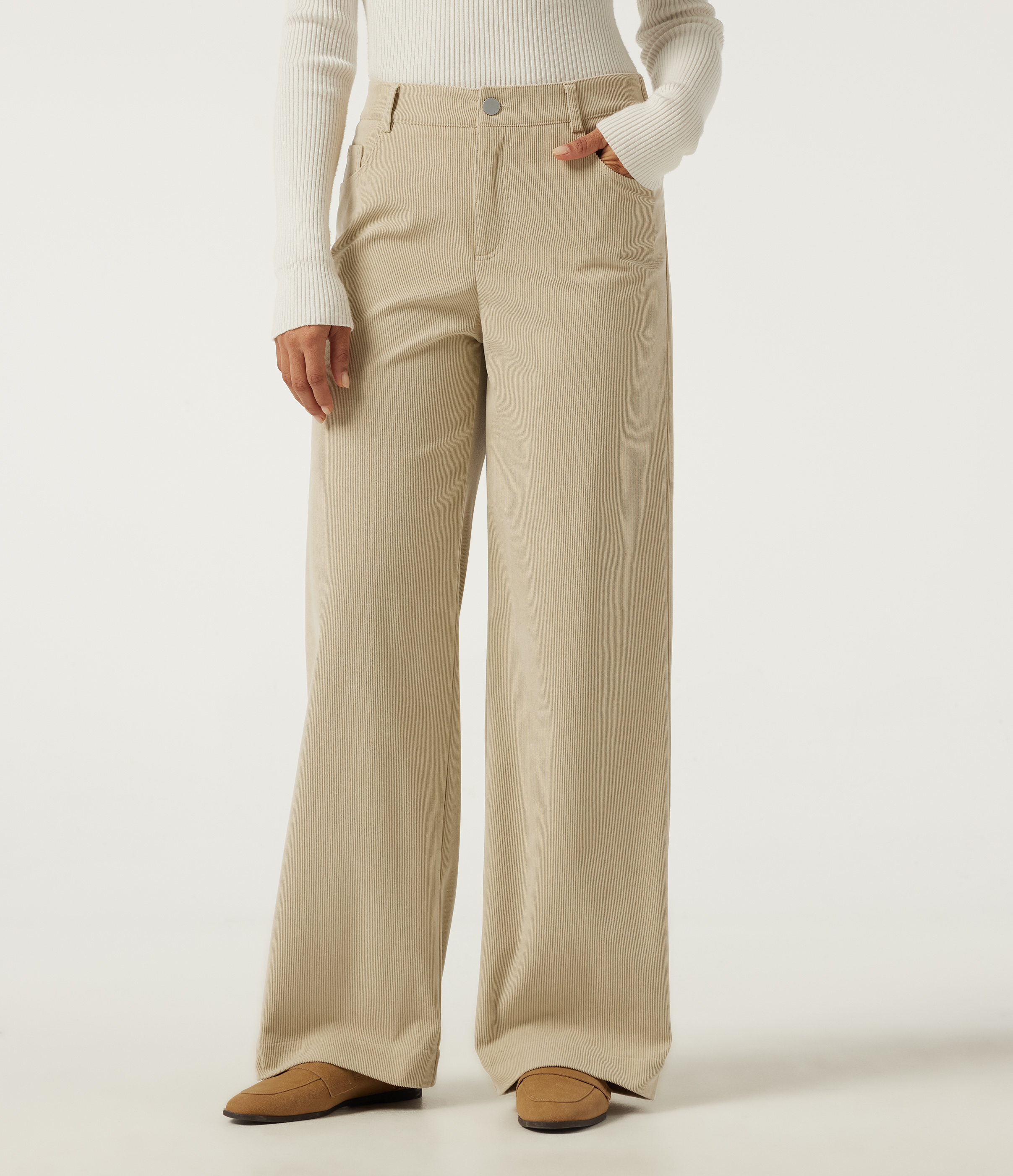 Mid Rise Straight Leg Casual Corduroy Pants with Pockets