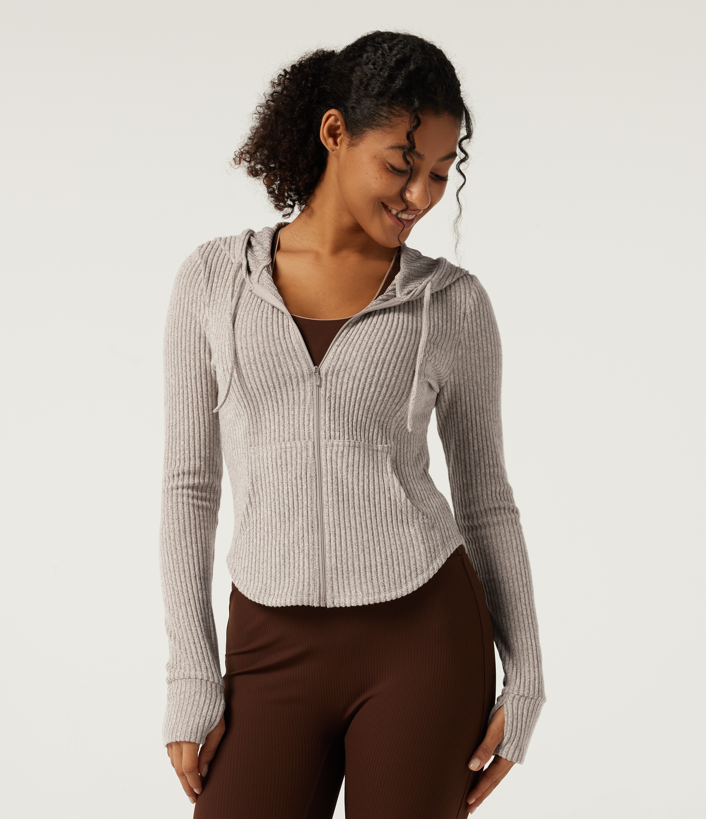 Ribbed Knit Hooded Long Sleeve Yoga Jacket with Pockets