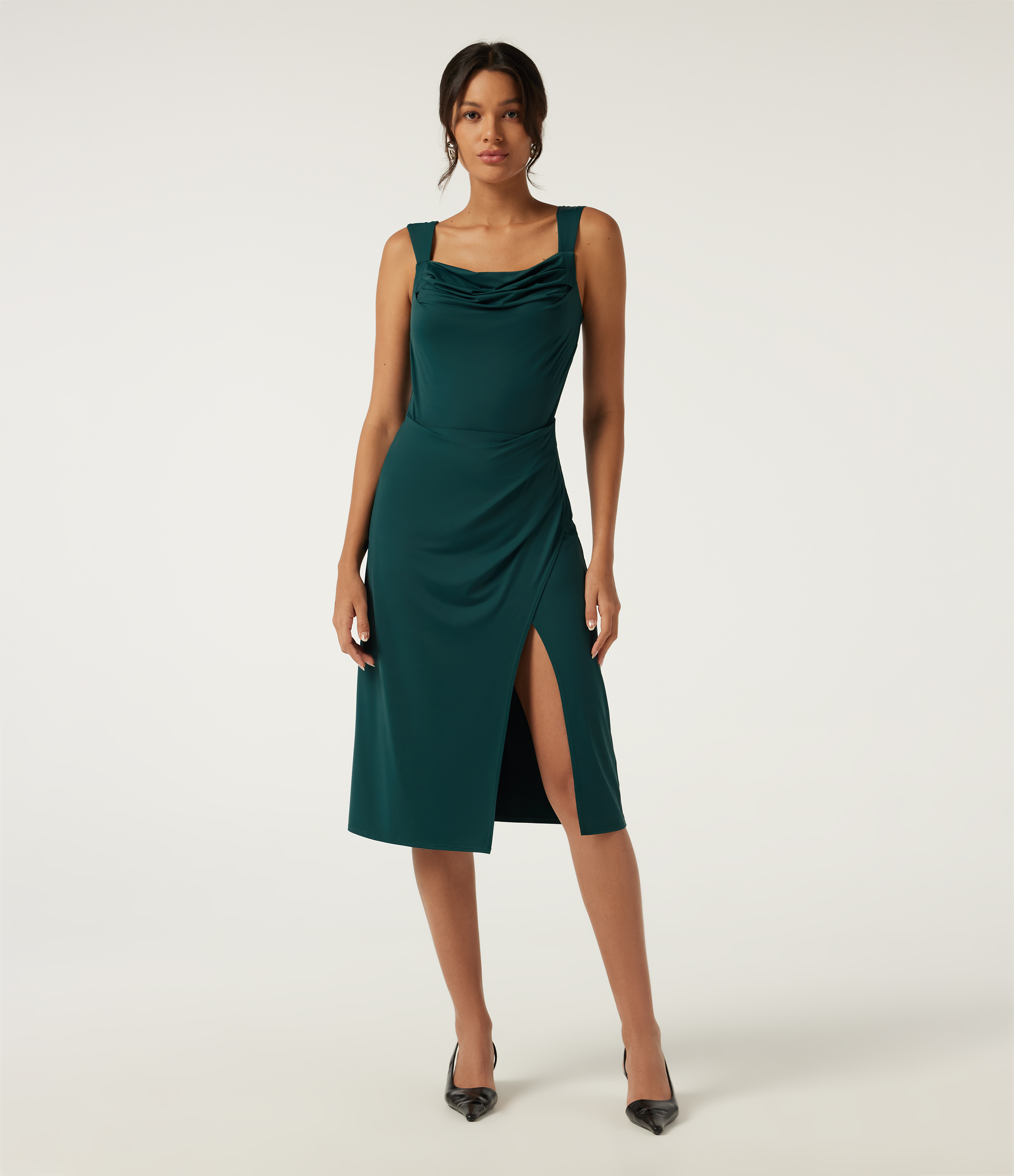 Verdigris Cowl Neck Sleeveless Split Hem Party Midi Dress with Built-in Bra, Built-in Shorts and Pockets - Easy Peezy Edition / 2