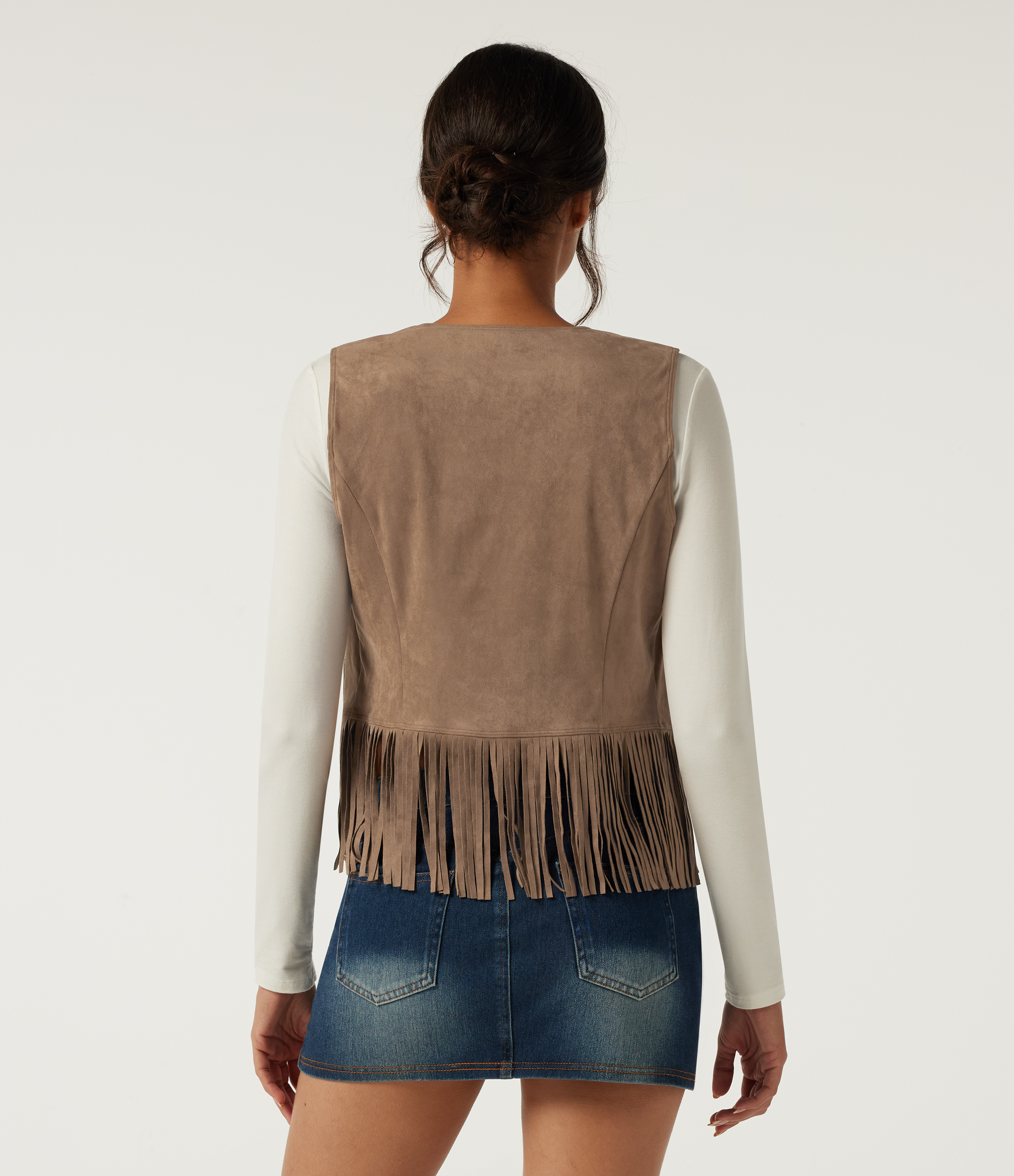 Coca Mocha Open Front Sleeveless Fringe Suede Casual Faux Leather Jacket / 2