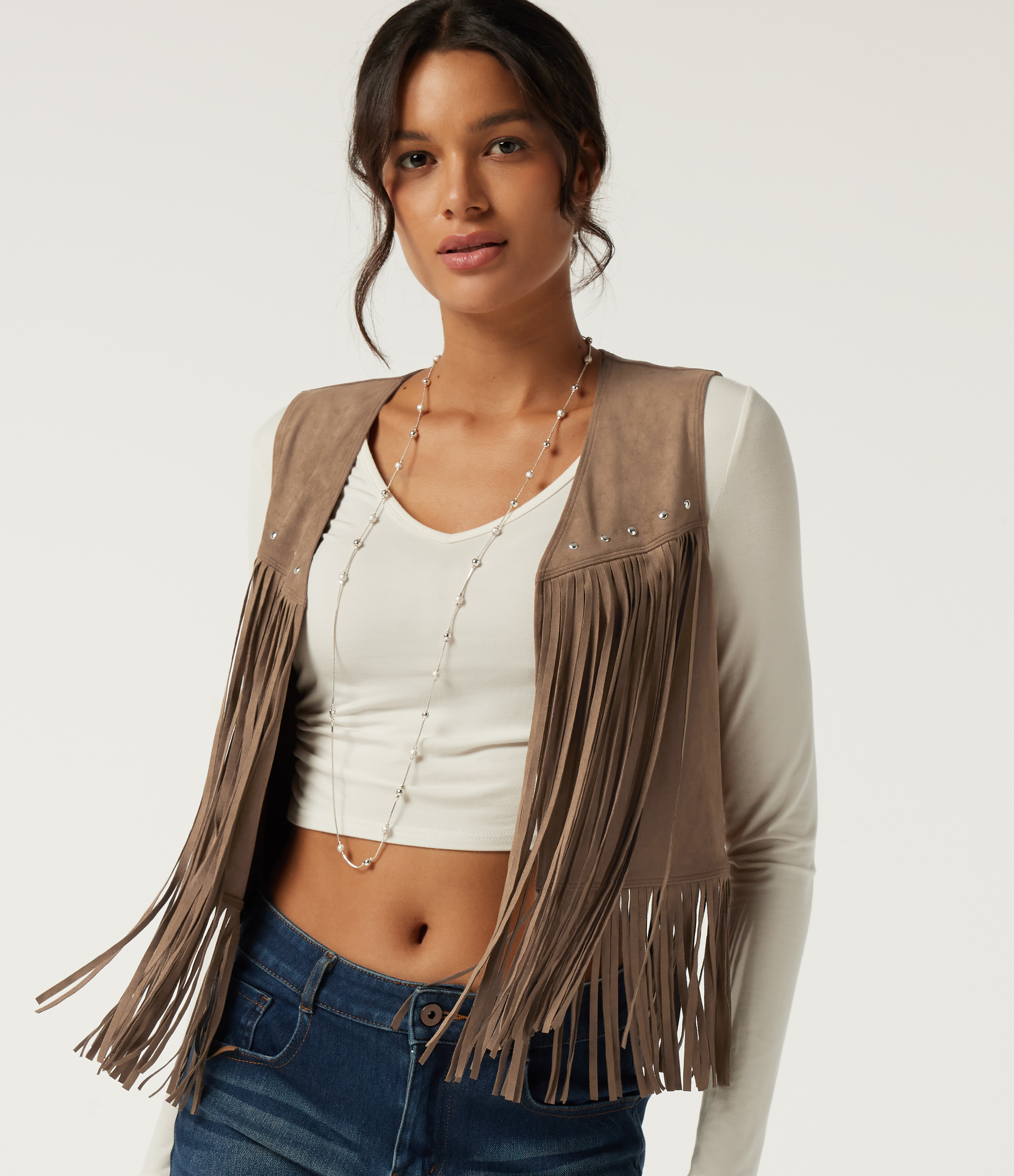 Open Front Sleeveless Fringe Suede Casual Faux Leather Jacket