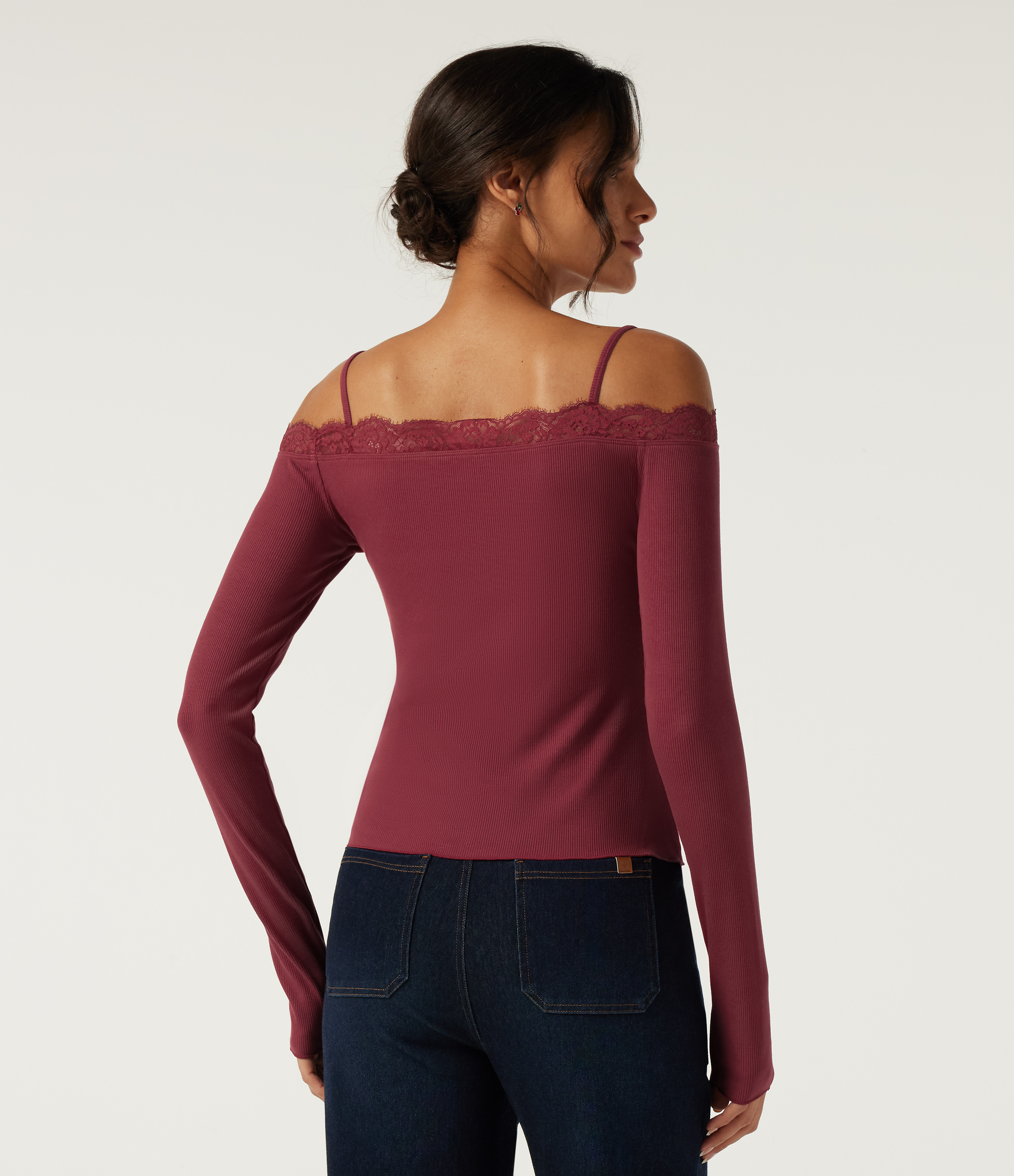 Ruby Wine Ribbed Knit Off Shoulder Long Sleeve Contrast Lace Casual Top / 2
