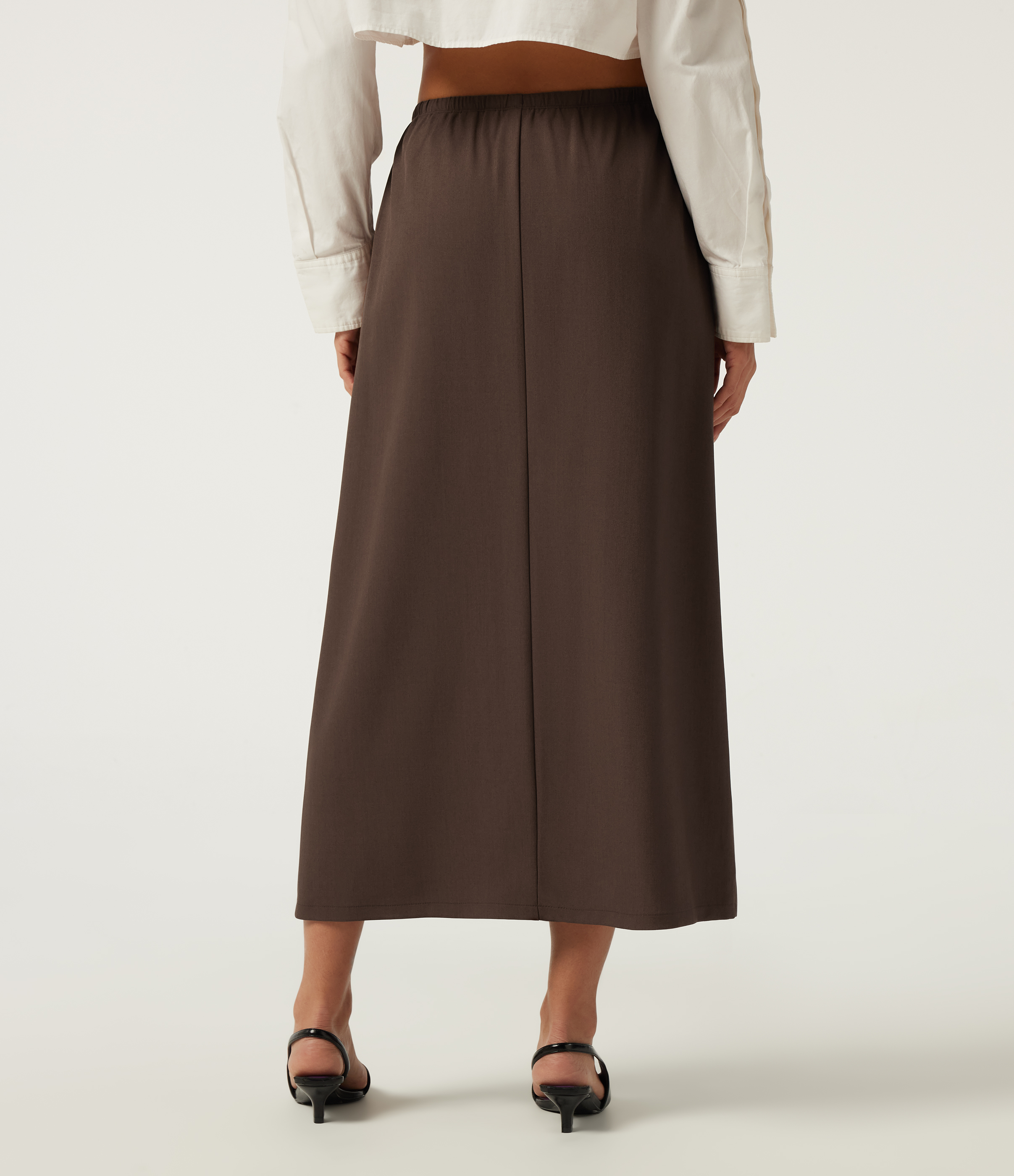 Chestnut Wrinkle Recovery High Waisted Drawstring Work Midi Skirt with Pockets / 2