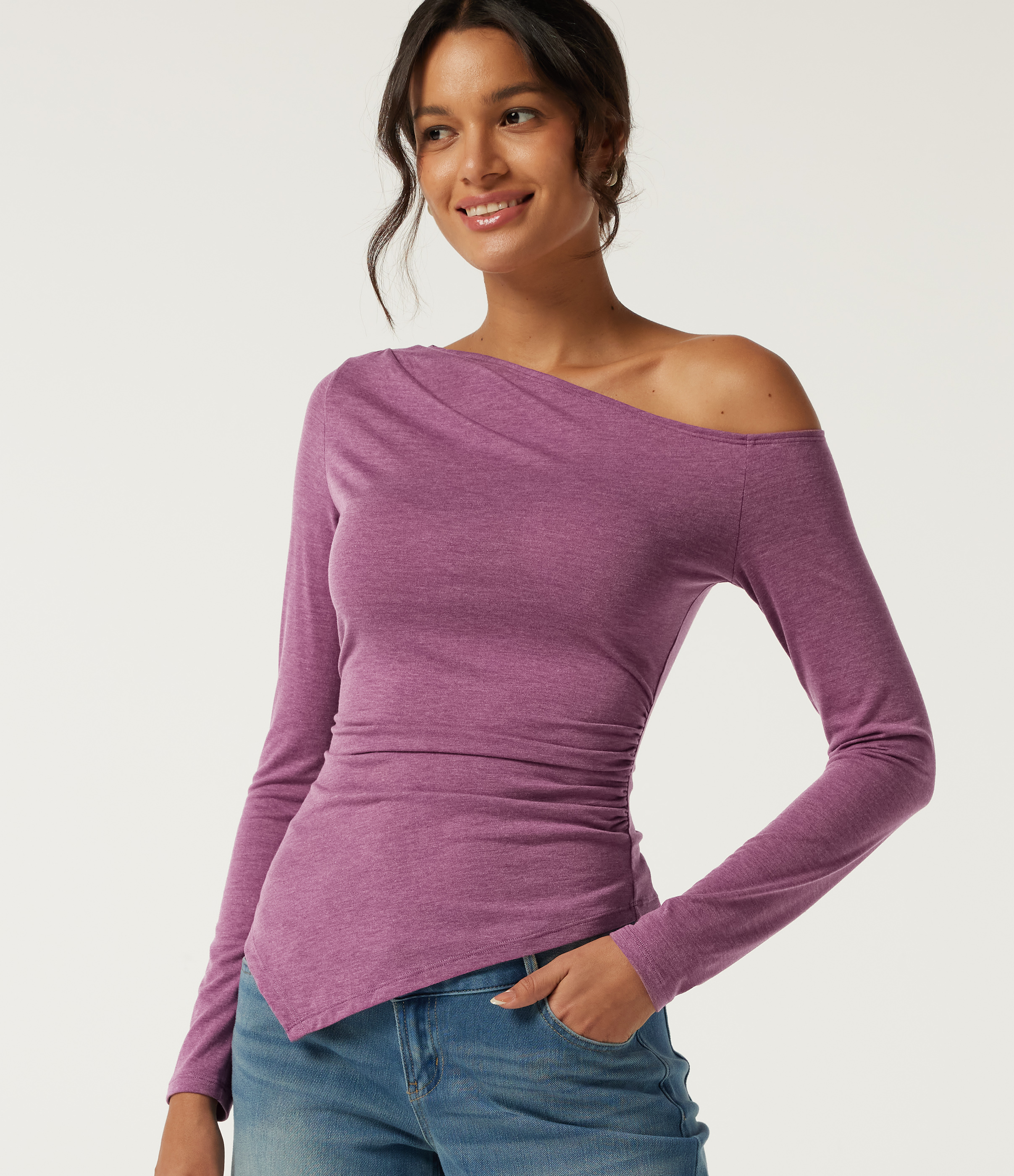 One Shoulder Long Sleeve Ruched Asymmetric Hem Casual Top