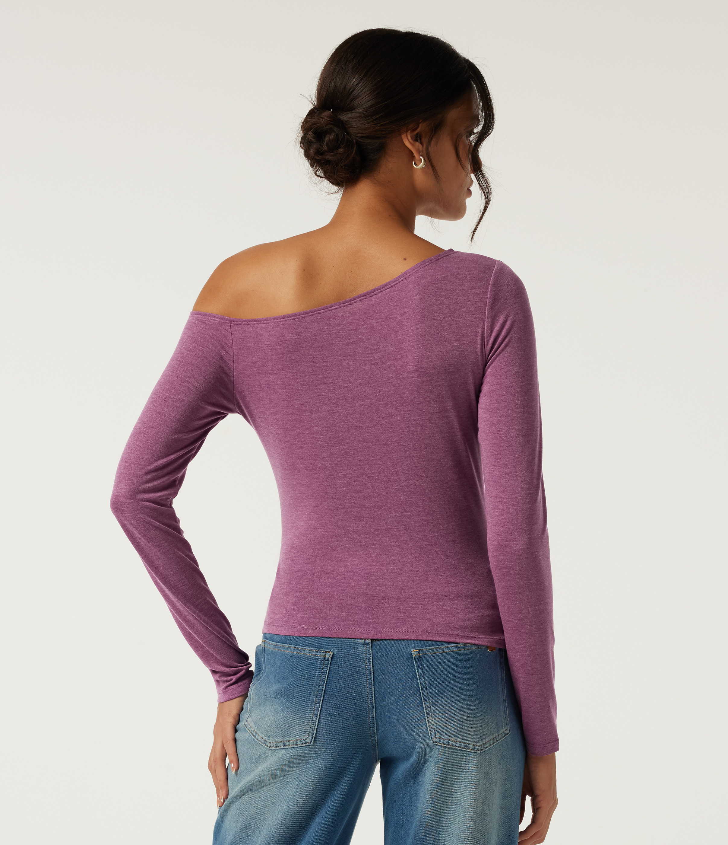 Red Violet Floral Yarn One Shoulder Long Sleeve Ruched Asymmetric Hem Casual Top / 2