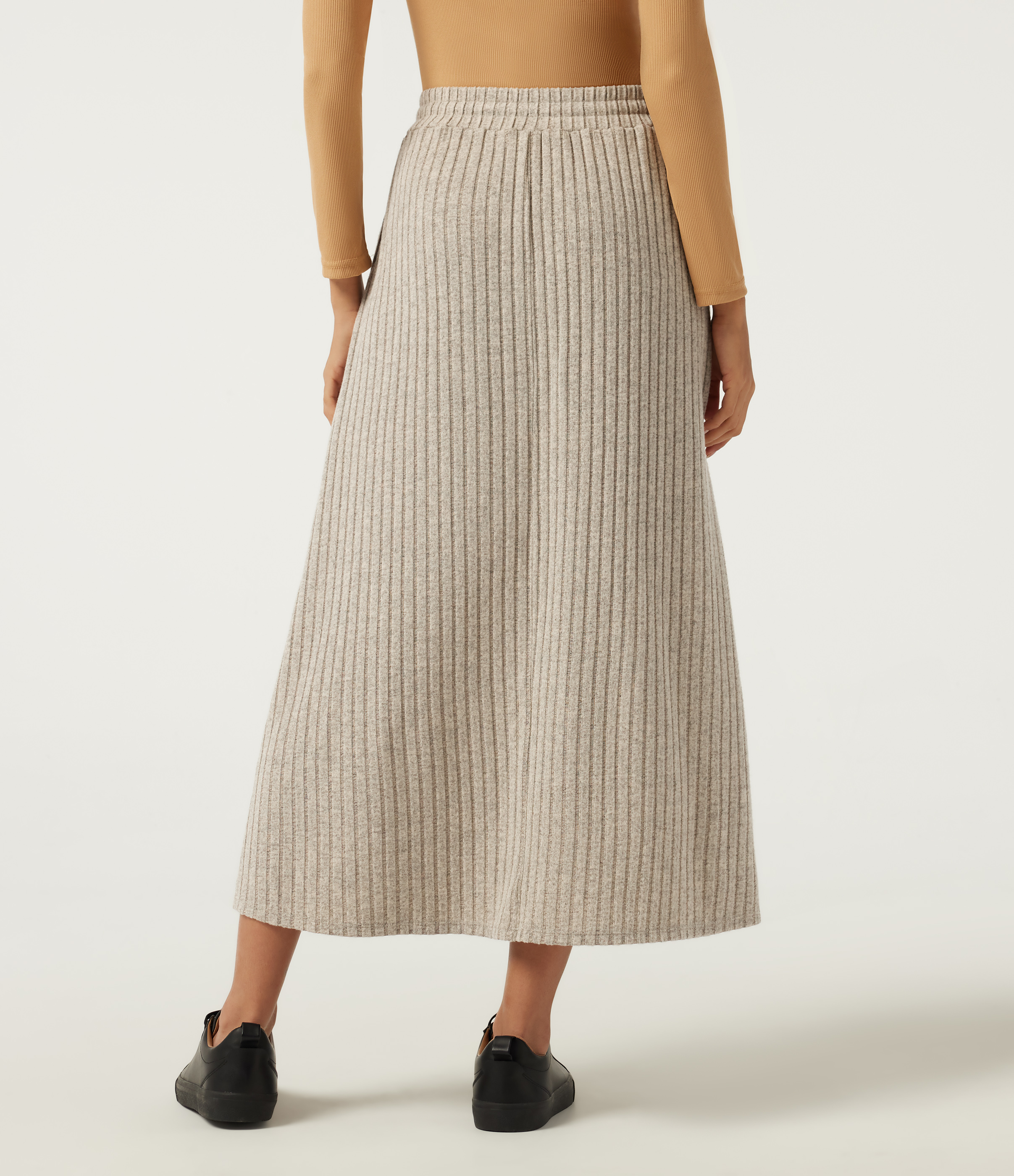 Ridge Sand Khaki Ribbed Knit High Waisted Drawstring A-Line Casual Midi Skirt with Pockets / 2