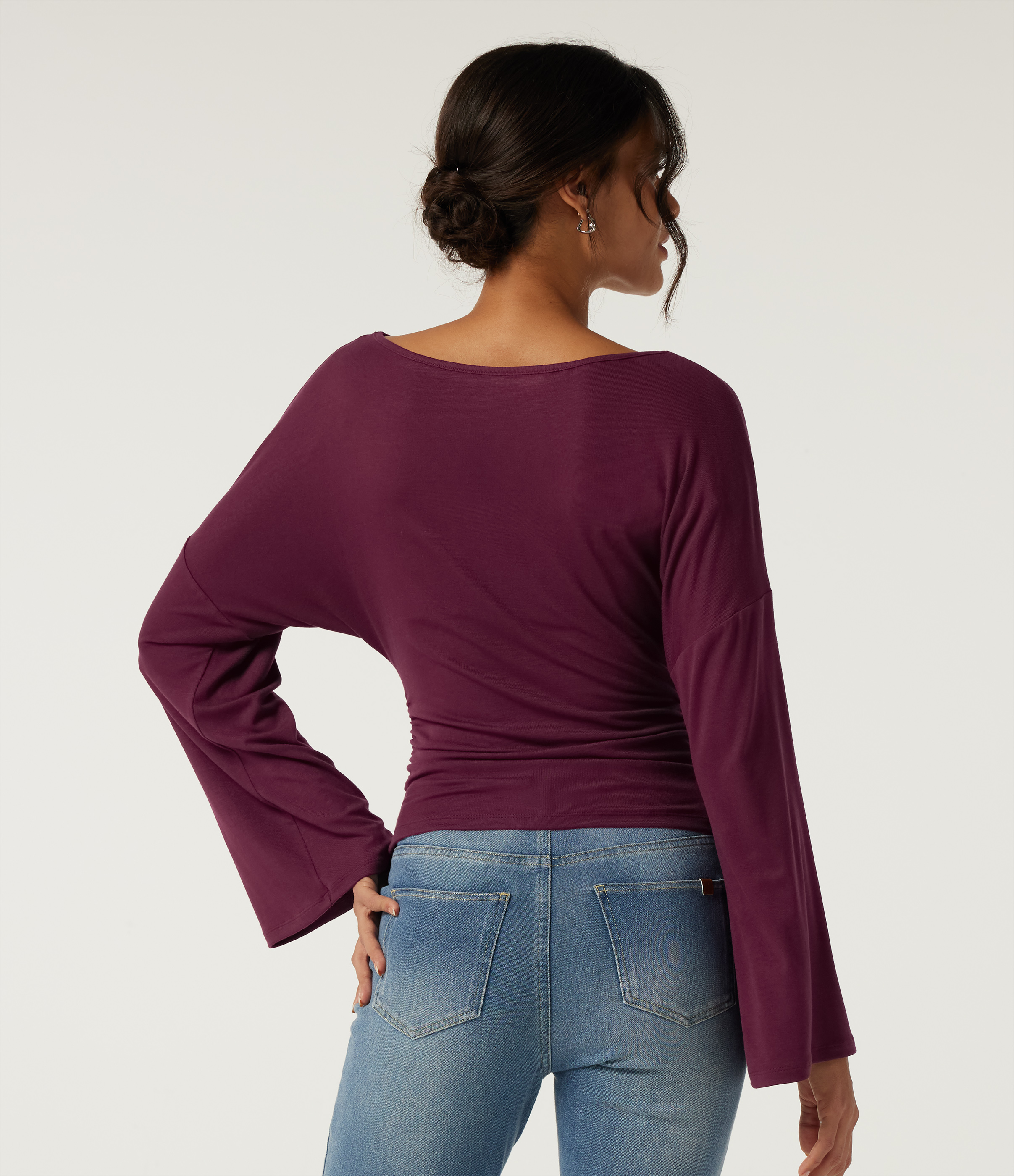 Maroon Banner Ribbed Boat Neck Flounce Long Sleeve Ruched Casual Top / 2