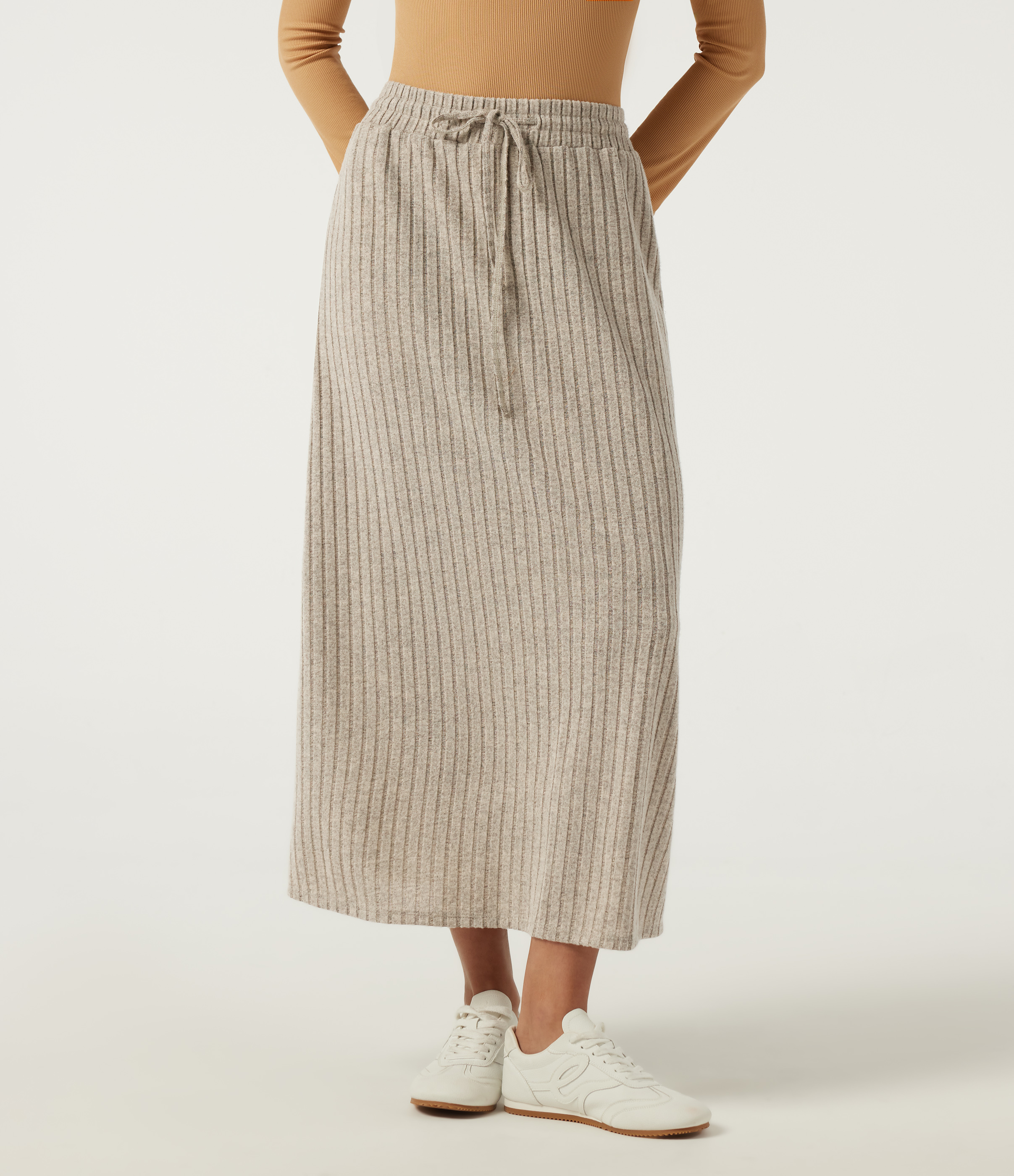 Ribbed Knit High Waisted Drawstring A-Line Casual Midi Skirt with Pockets